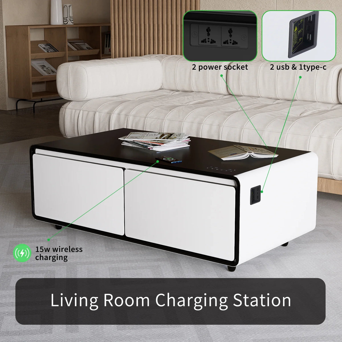 Modern Smart Coffee Table with Built-in Fridge, Bluetooth Speaker, Wireless Charging Module, Touch Control Panel, Power Socket,  Interface, Outlet Protection, Atmosphere light, White