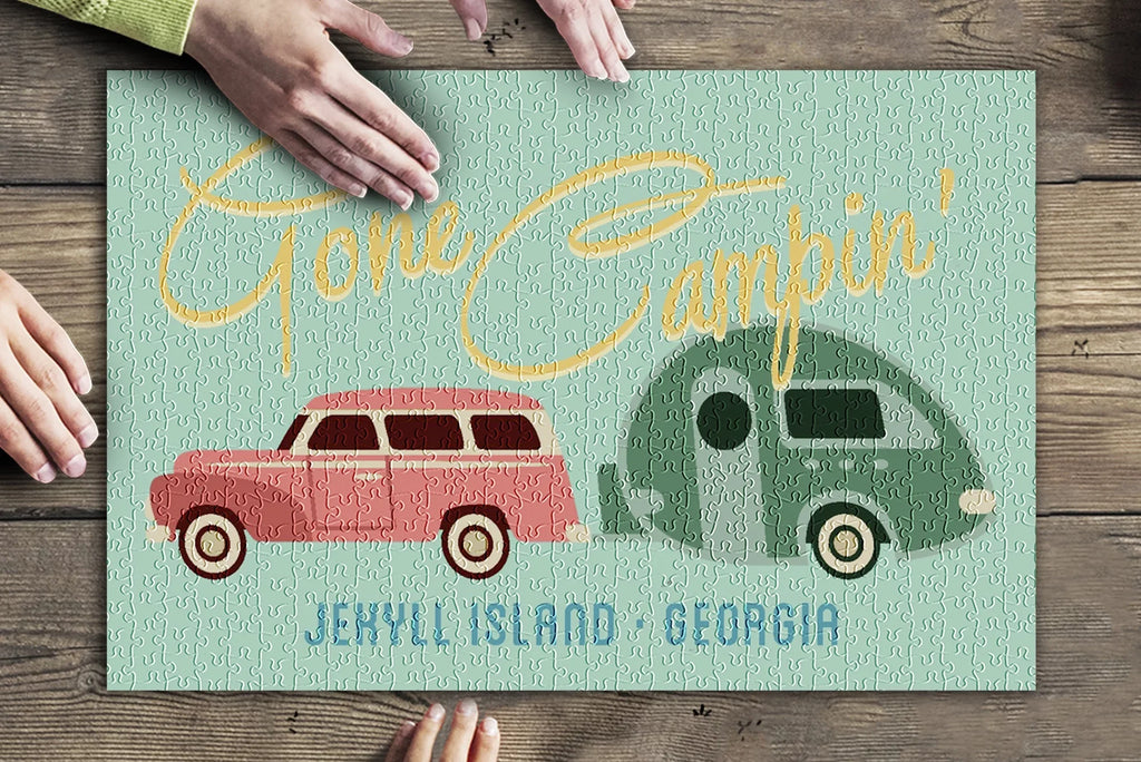 Jekyll Island, Georgia, Gone Campin, Trailer, Geometric (19x27 inches, Premium 500 Piece Jigsaw Puzzle for Adults and Family, Made in )