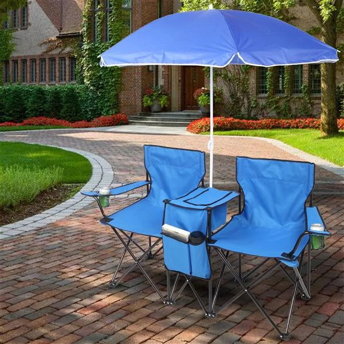 Double Outdoor Folding Beach Chair, High Strength Camping Chair with Mini Table Beverage Holder Carrying Bag, for Beach Patio Pool Park Outdoor Portable Camping Chair, Blue