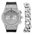 Charles Raymond Big Bling Watch Inspired by Hip Hop - Mens Iced Out Timepiece - Faux Chrono Eyes - Diamond Rhinestones on Blast -  (Silver Rubber Cuban)