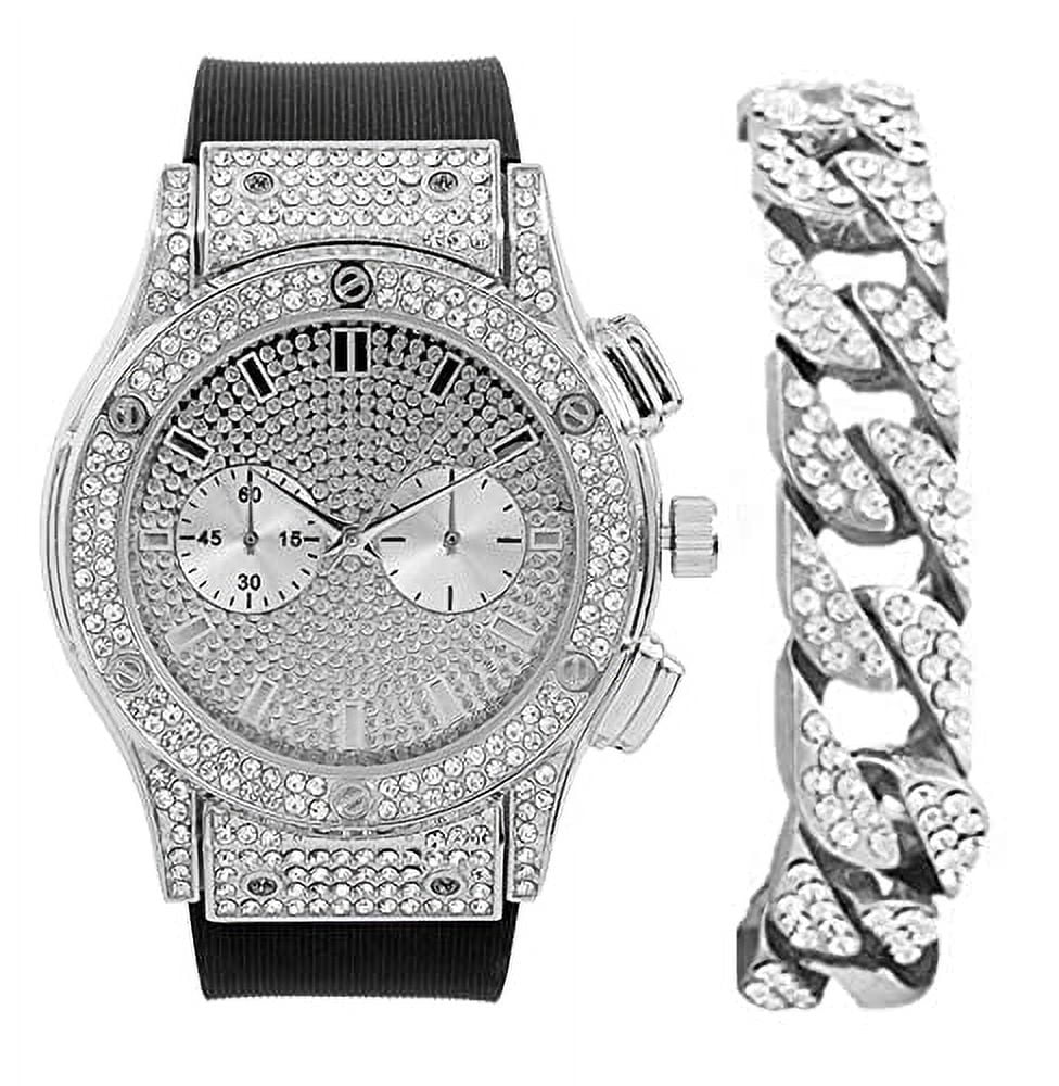 Charles Raymond Big Bling Watch Inspired by Hip Hop - Mens Iced Out Timepiece - Faux Chrono Eyes - Diamond Rhinestones on Blast -  (Silver Rubber Cuban)