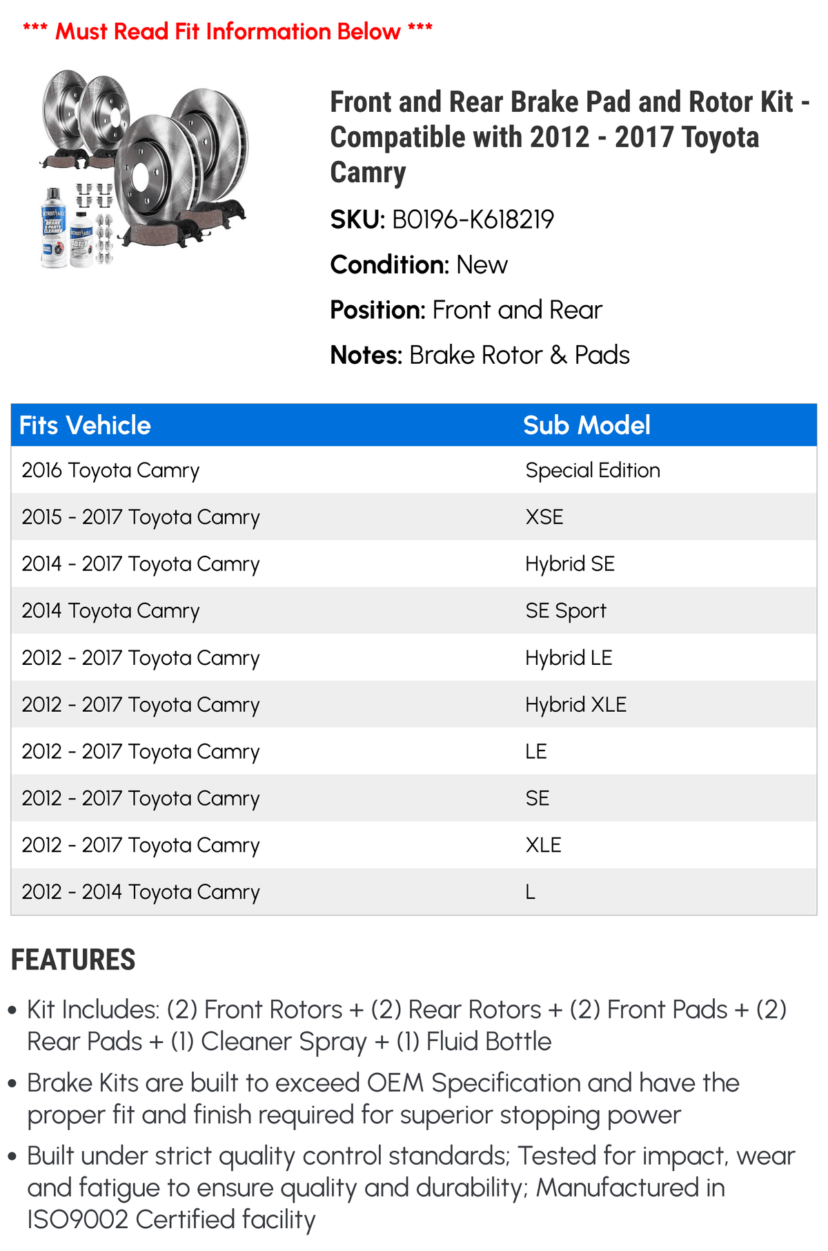 Front and Rear Brake Pad and Rotor Kit - Compatible with 2012 - 2017 Toyota Camry 2013 2014 2015 2016