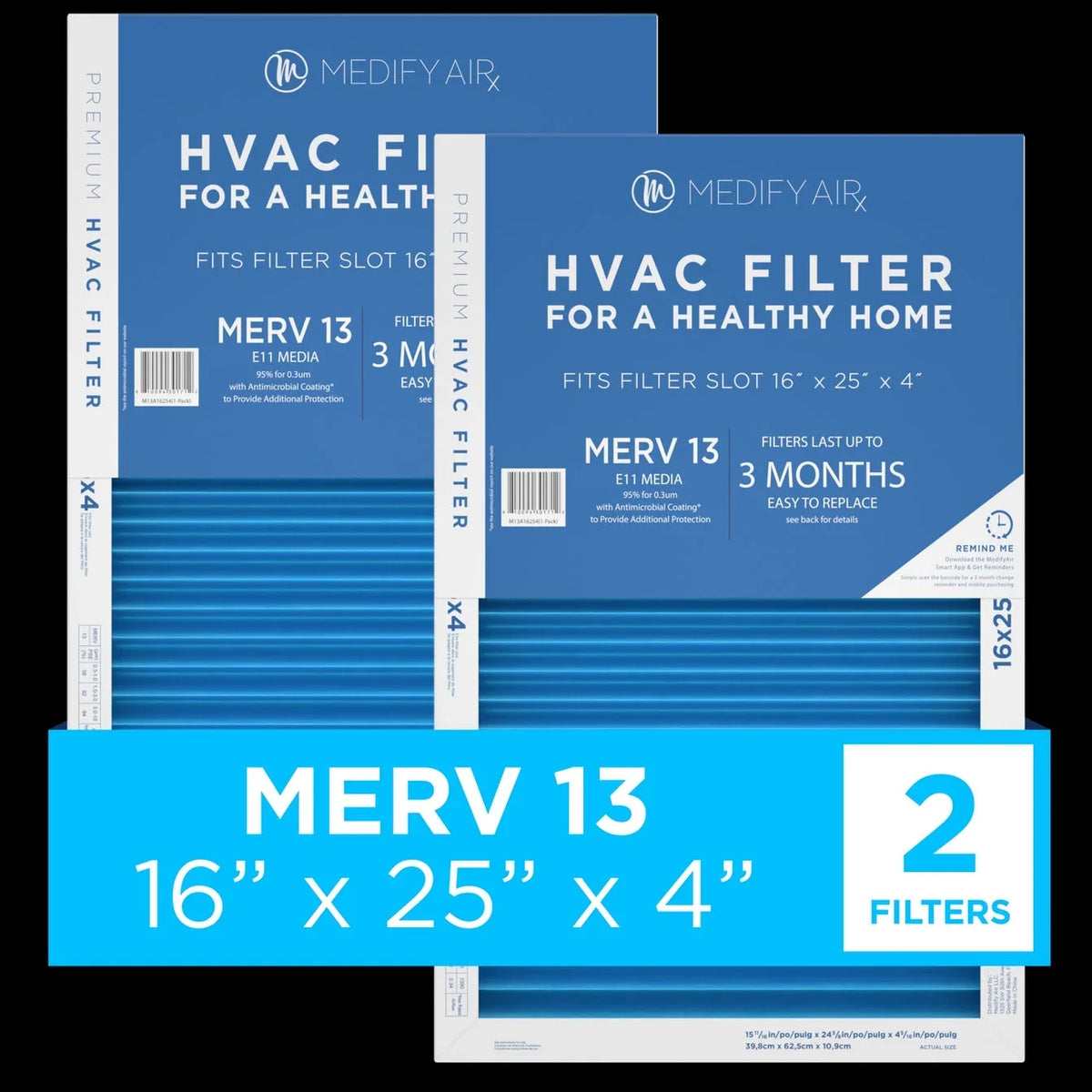 Medify Air 16x25x4 Pleated Filter 95% Particles  Air Cleaning ( 13, 2-Pack)