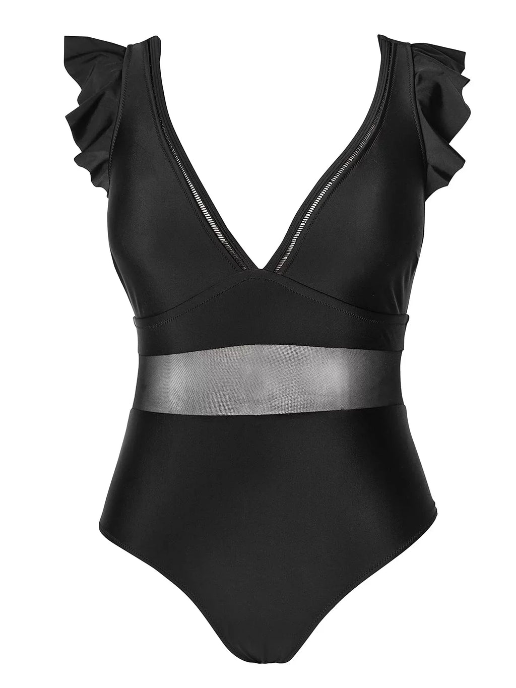 Cupshe Women's Plus Size One Piece Black  Neck Ruffle Mesh Bathing Suit,