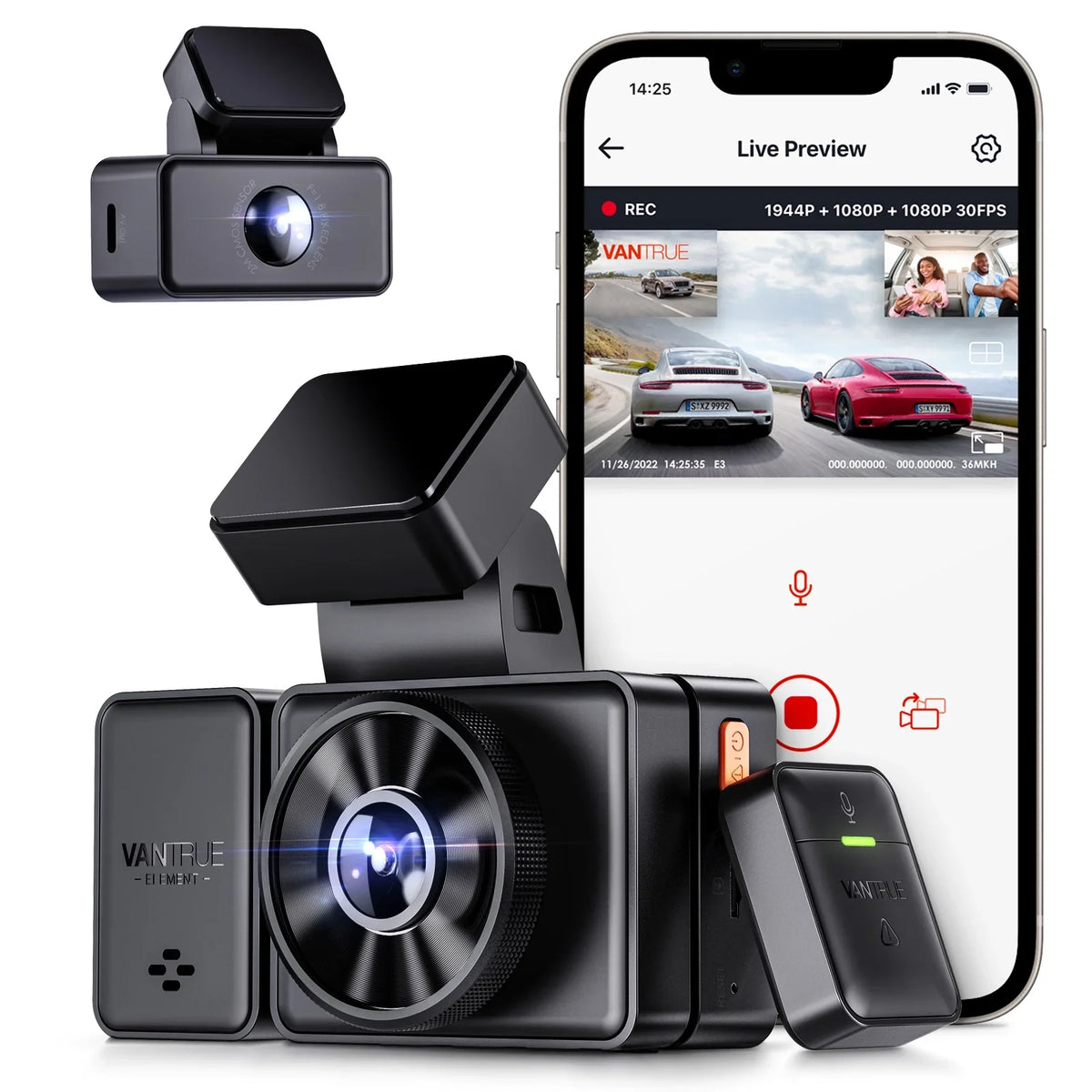 Vantrue  3 Channel 2.5K WiFi Dash Cam Front and Rear Inside, 3 Way Triple  Dash Camera 1944P+1080P+1080P with   Night Vision, Voice Control, 24 Hours Parking Mode, Support 512GB Max