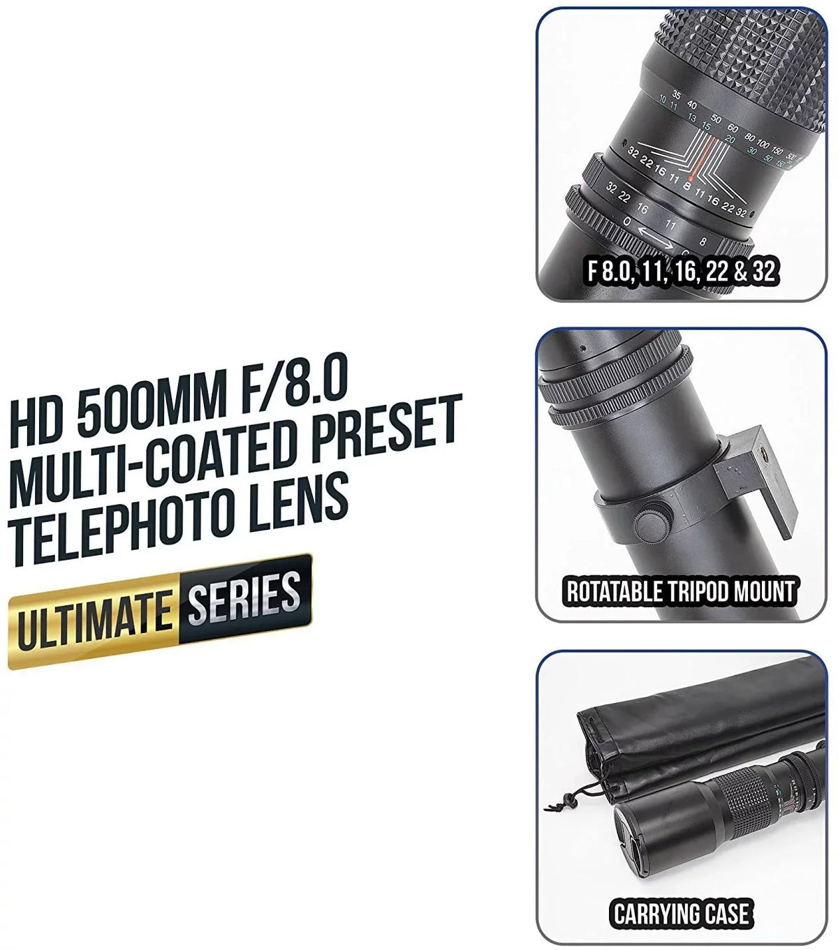 Ultimaxx 500mm f/8 Multi-Coated Preset Telephoto Lens Includes -Mount Adapter for Canon  Mount & Microfiber Cleaning Cloth - Compatible with / Cameras