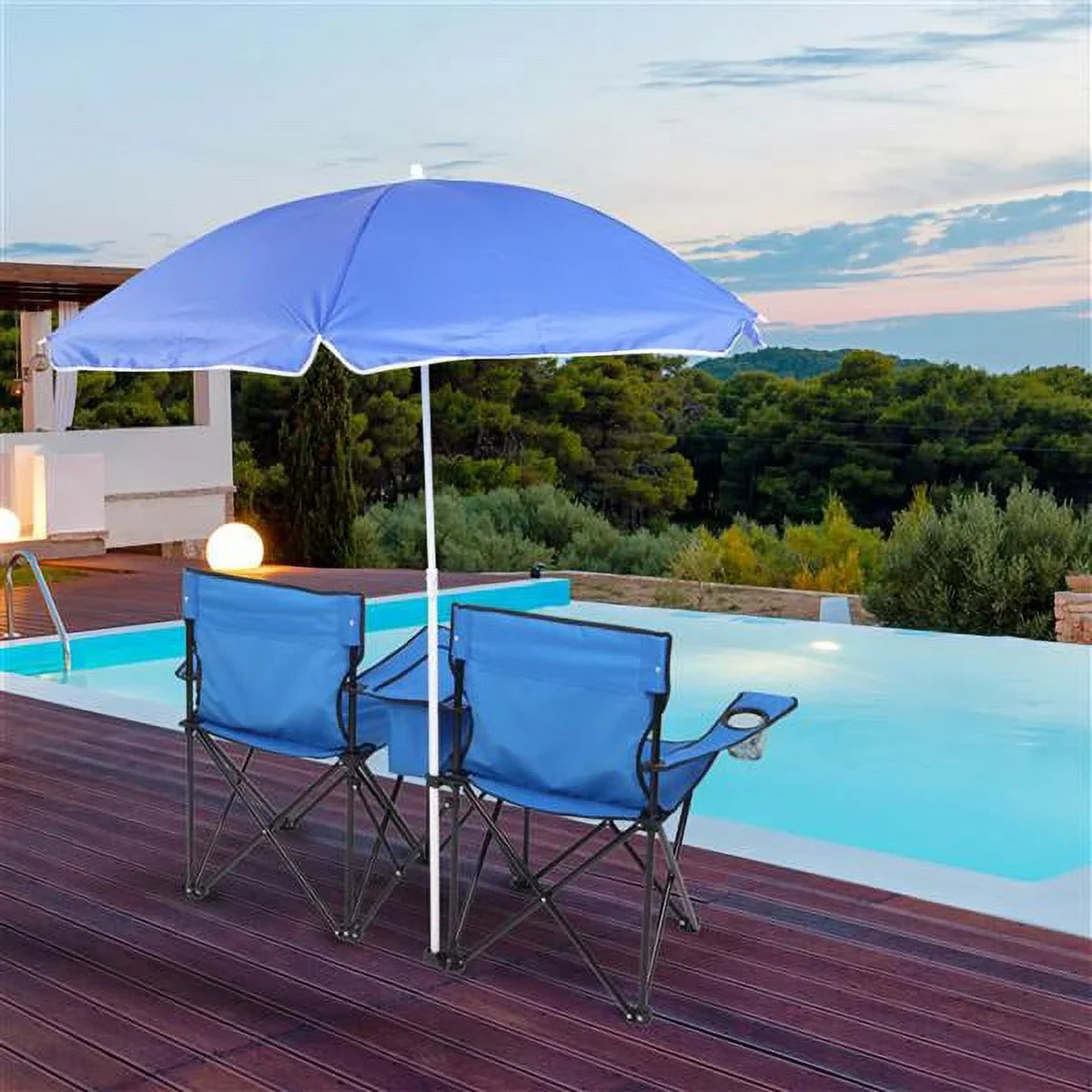 Double Outdoor Folding Beach Chair, High Strength Camping Chair with Mini Table Beverage Holder Carrying Bag, for Beach Patio Pool Park Outdoor Portable Camping Chair, Blue