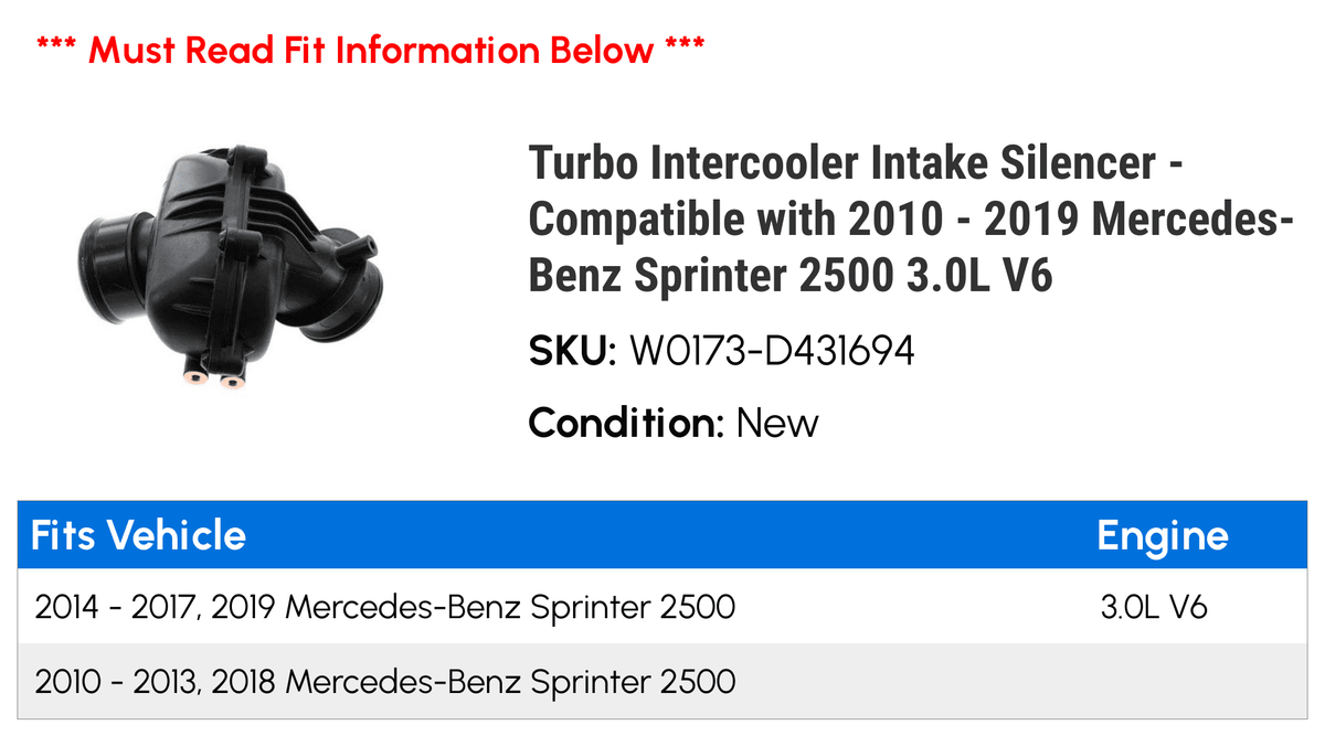 Turbo Intercooler Intake Silencer - Compatible with 2010 - 2019 Mercedes-Benz Sprinter 2500 3.0L  2011 2012 2013 2014 2015 2016 2017 2018