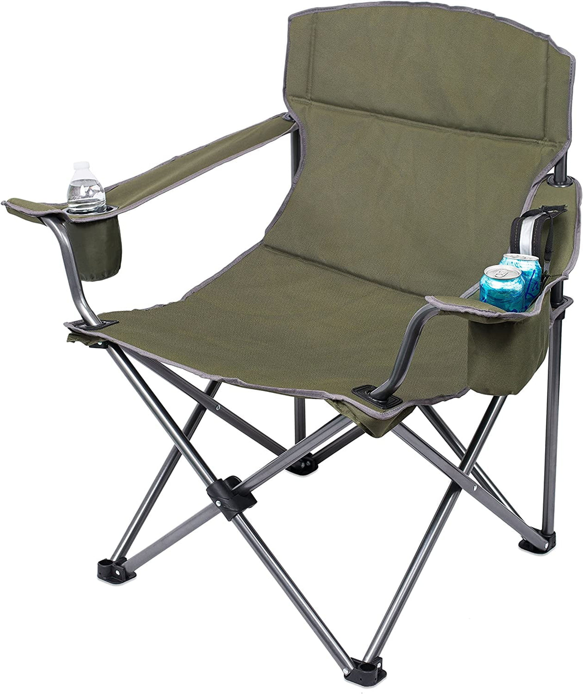 Internet's Best  Padded Camping Folding Chair - Cooler Bag - Outdoor - Green - Sports - Insulated Cup Holder - Heavy Duty - Carrying Case - Beach - Extra Wide - Quad