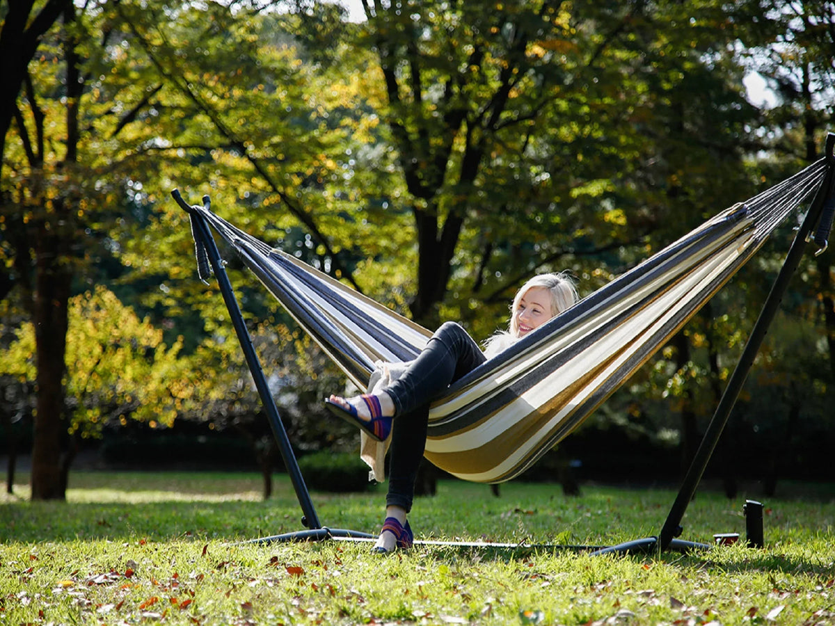 The Hamptons Collection 110” Grey and Gold Striped Brazilian Style Hammock with a Steel Hammock