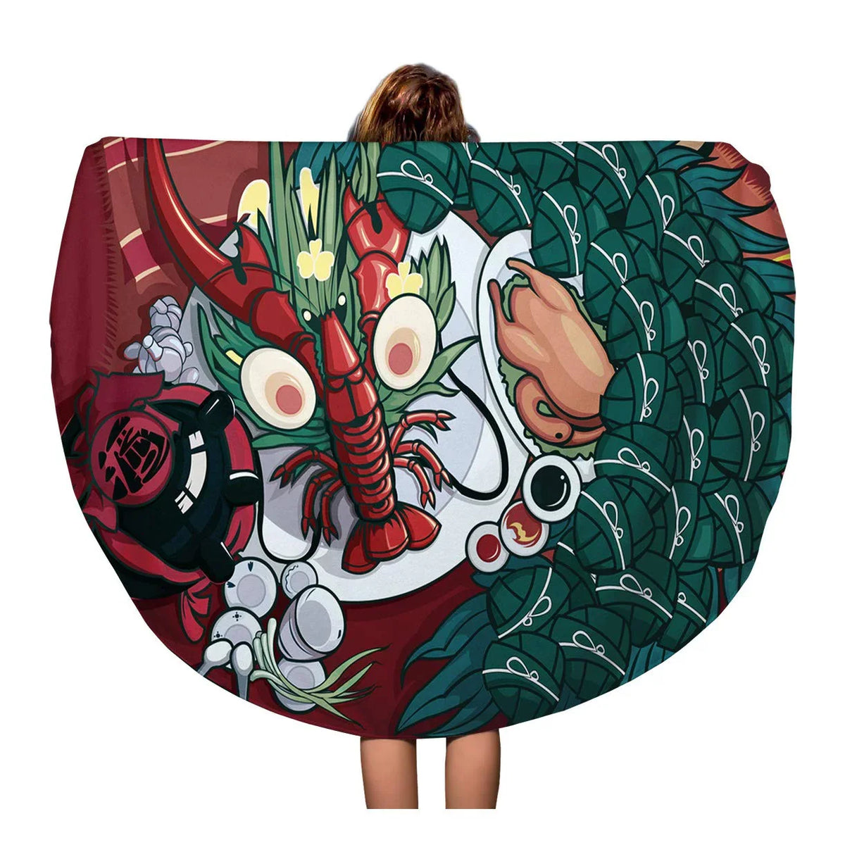60 inch Round Beach Towel Blanket Red Dumpling Dragon Boat Festival Food Cartoon Ancient Antique Travel Circle Circular Towels Mat Tapestry Beach Throw