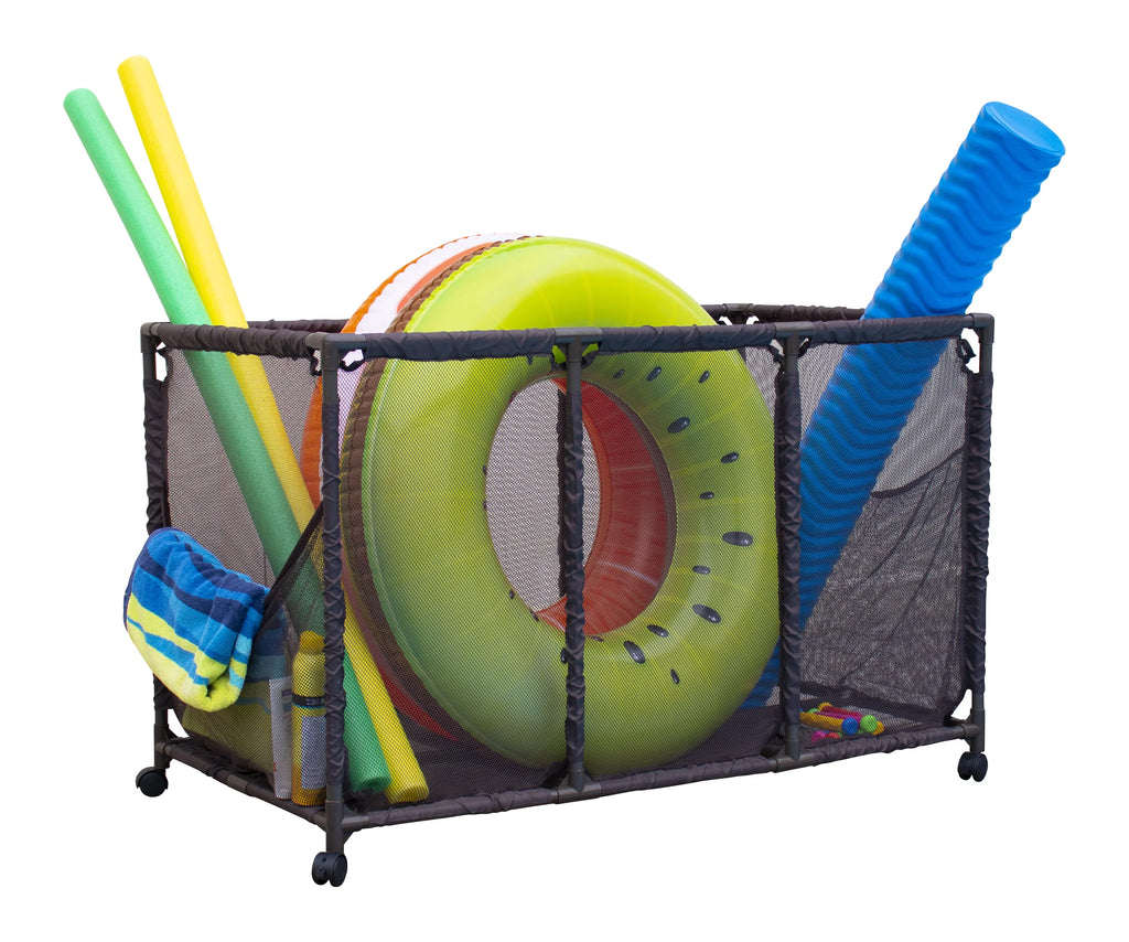 Essentially Yours Pool Noodles Holder, Toys, Balls, Floats and Equipment Mesh Rolling Storage Organizer Bin, Kids Height, Large, (43"  x 25"  x 28" ), Brown Style 563009