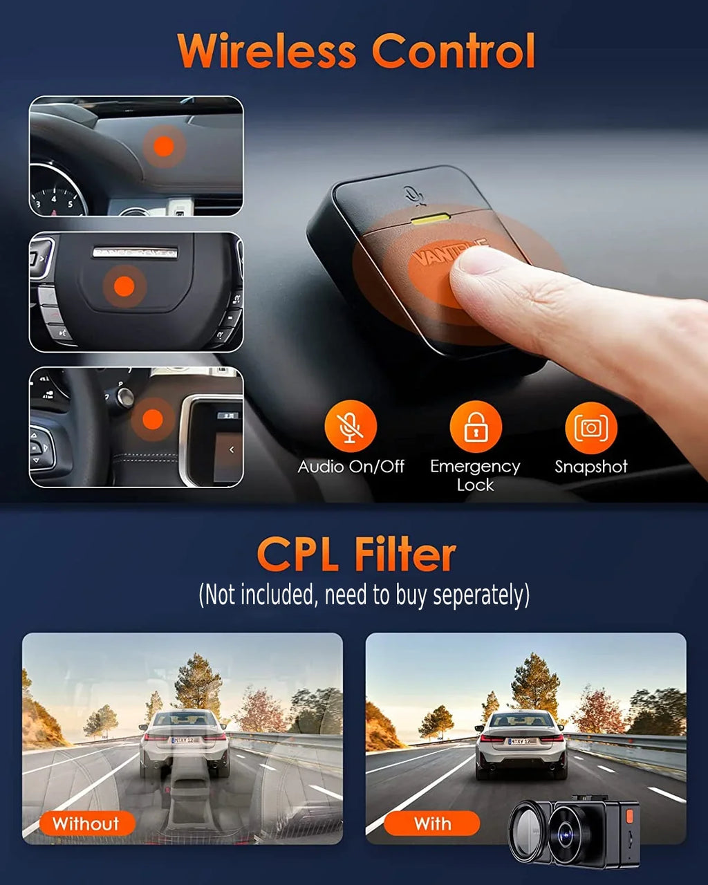 Vantrue  3 Channel 2.5K WiFi Dash Cam Front and Rear Inside, 3 Way Triple  Dash Camera 1944P+1080P+1080P with   Night Vision, Voice Control, 24 Hours Parking Mode, Support 512GB Max
