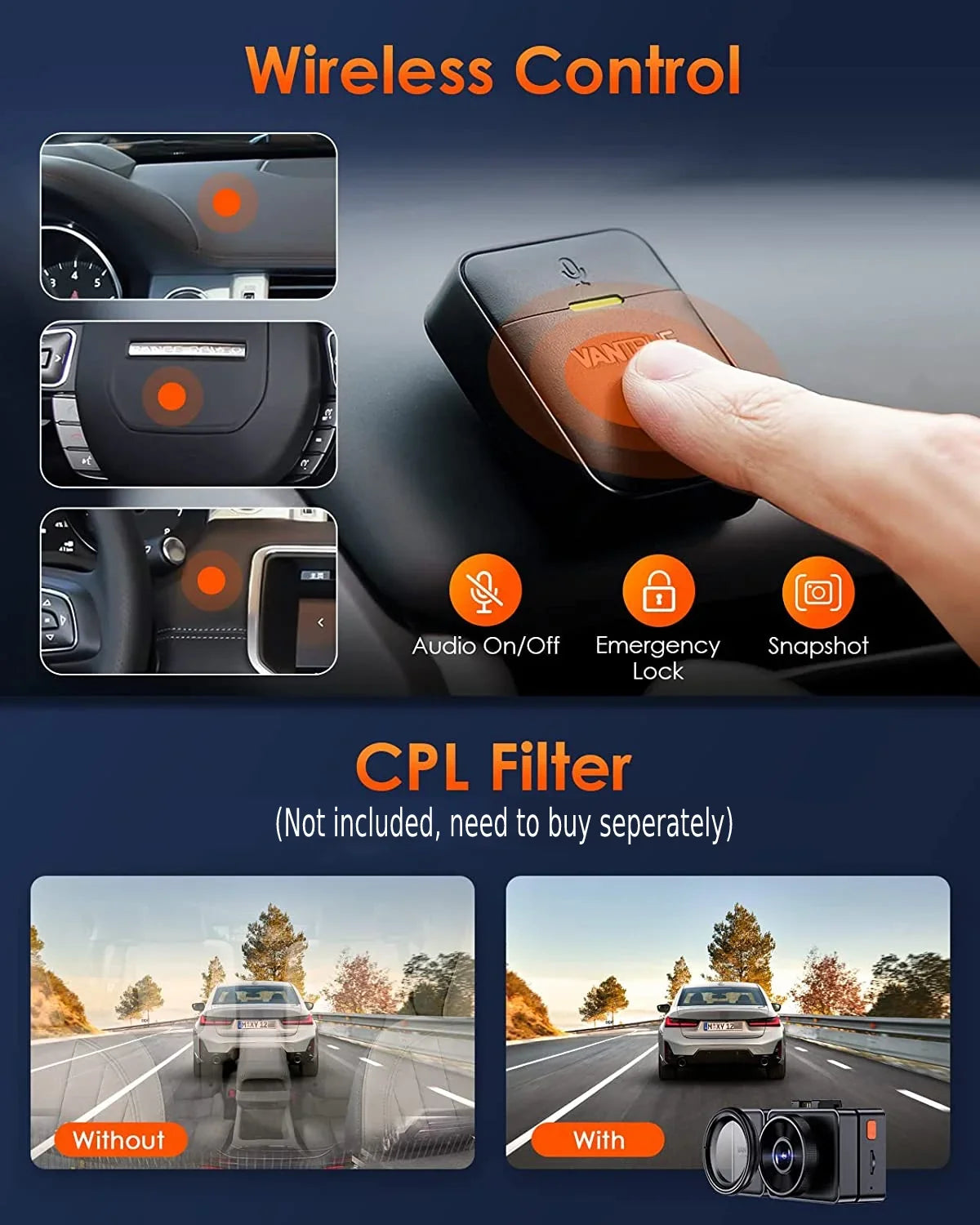 Vantrue  3 Channel 2.5K WiFi Dash Cam Front and Rear Inside, 3 Way Triple  Dash Camera 1944P+1080P+1080P with   Night Vision, Voice Control, 24 Hours Parking Mode, Support 512GB Max