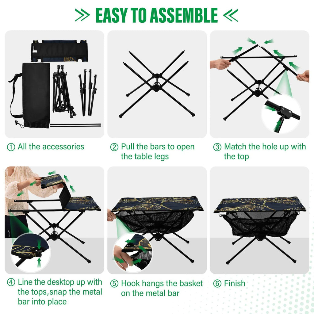 Luxury Golden Rose Flower Camping Folding Table Portable Beach Table with Storage Bag Compact Picnic Table for Outdoor Travel Fishing