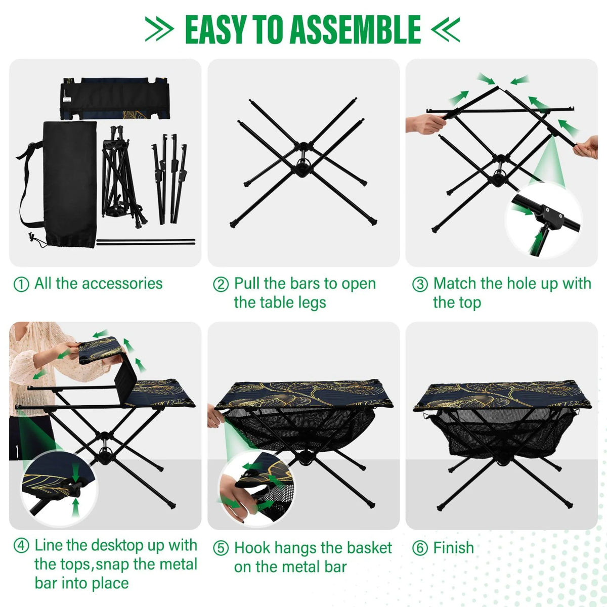 Luxury Golden Rose Flower Camping Folding Table Portable Beach Table with Storage Bag Compact Picnic Table for Outdoor Travel Fishing
