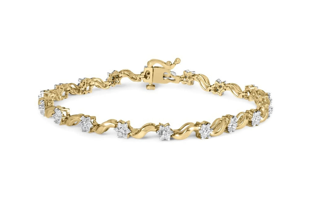 Haus of Brilliance 10k Yellow Gold 1.00 Cttw Womens Round Cut Diamond Floral -Link 7.50" Box Clasp Prong Bracelet (- Color, - Clarity)