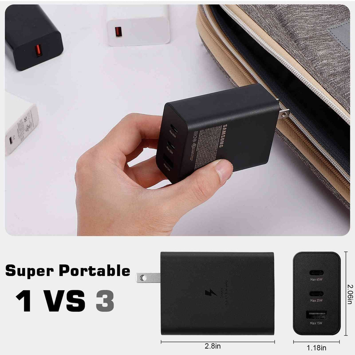 65W Fast Travel Charger with 3 Ports -  & Dual - - High-Speed Charging for Laptops, Phones vivo / Pro/ (China)//iQOO iPhone, Samsung Galaxy, Google Pixel, MacBook, Steam Deck