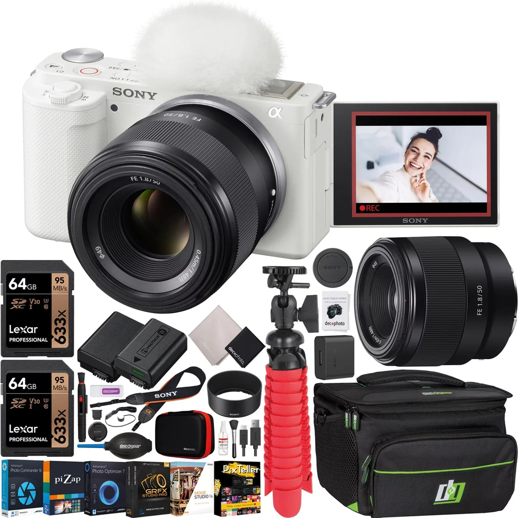 Sony - Mirrorless Alpha - Vlog Camera Body and 50mm .8 Large Aperture  Lens  -/ White Bundle with Deco Gear Case + Extra Battery + Photo Video Accessories Kit