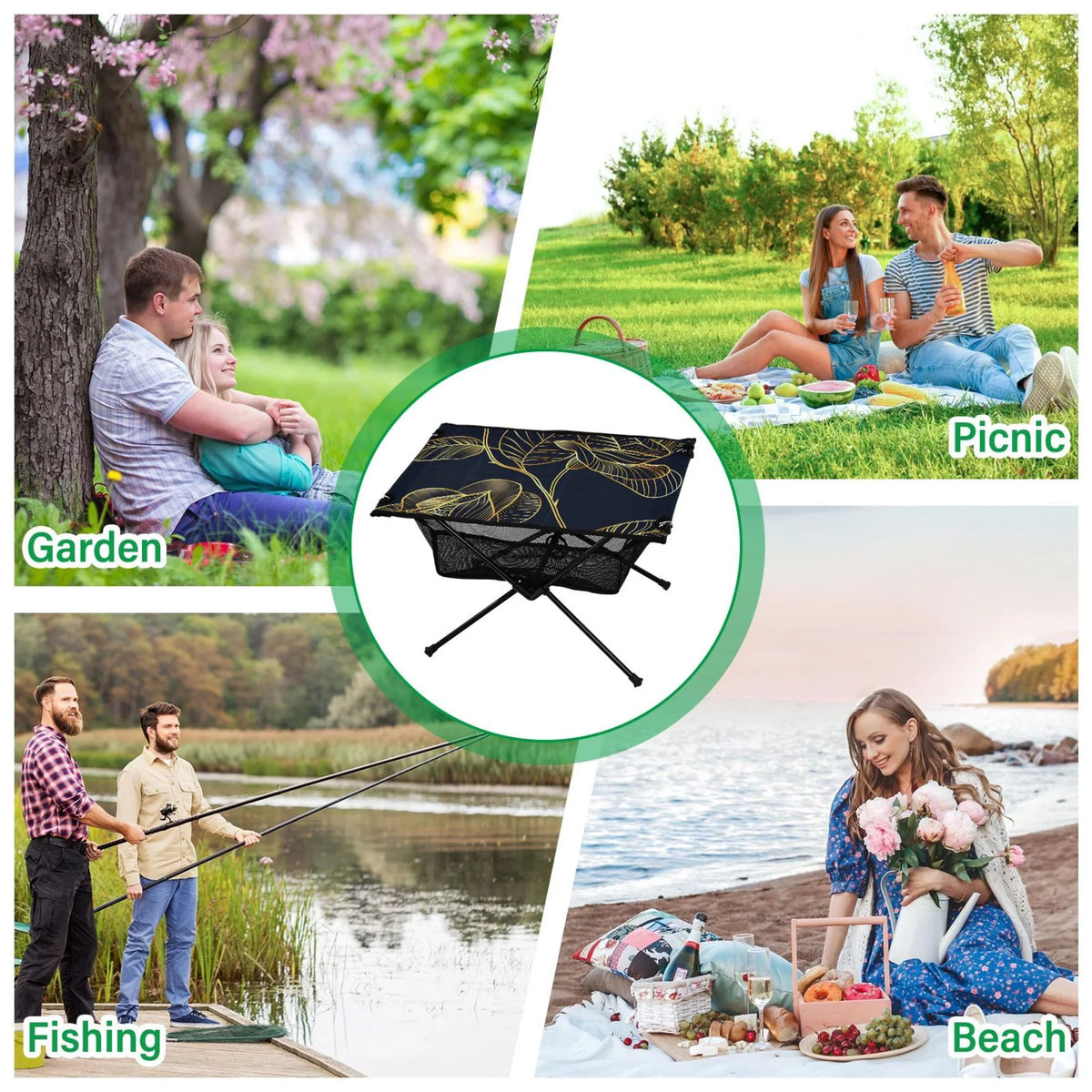 Luxury Golden Rose Flower Camping Folding Table Portable Beach Table with Storage Bag Compact Picnic Table for Outdoor Travel Fishing