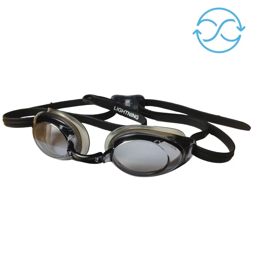 Lightning Goggles - Competitive Swim Goggles for Women and Men - Watertight Swimming Goggles with Adjustable Silicone Straps - Adult Swim Goggles with 4 Interchangeable Nose Pieces - Black/Smoke