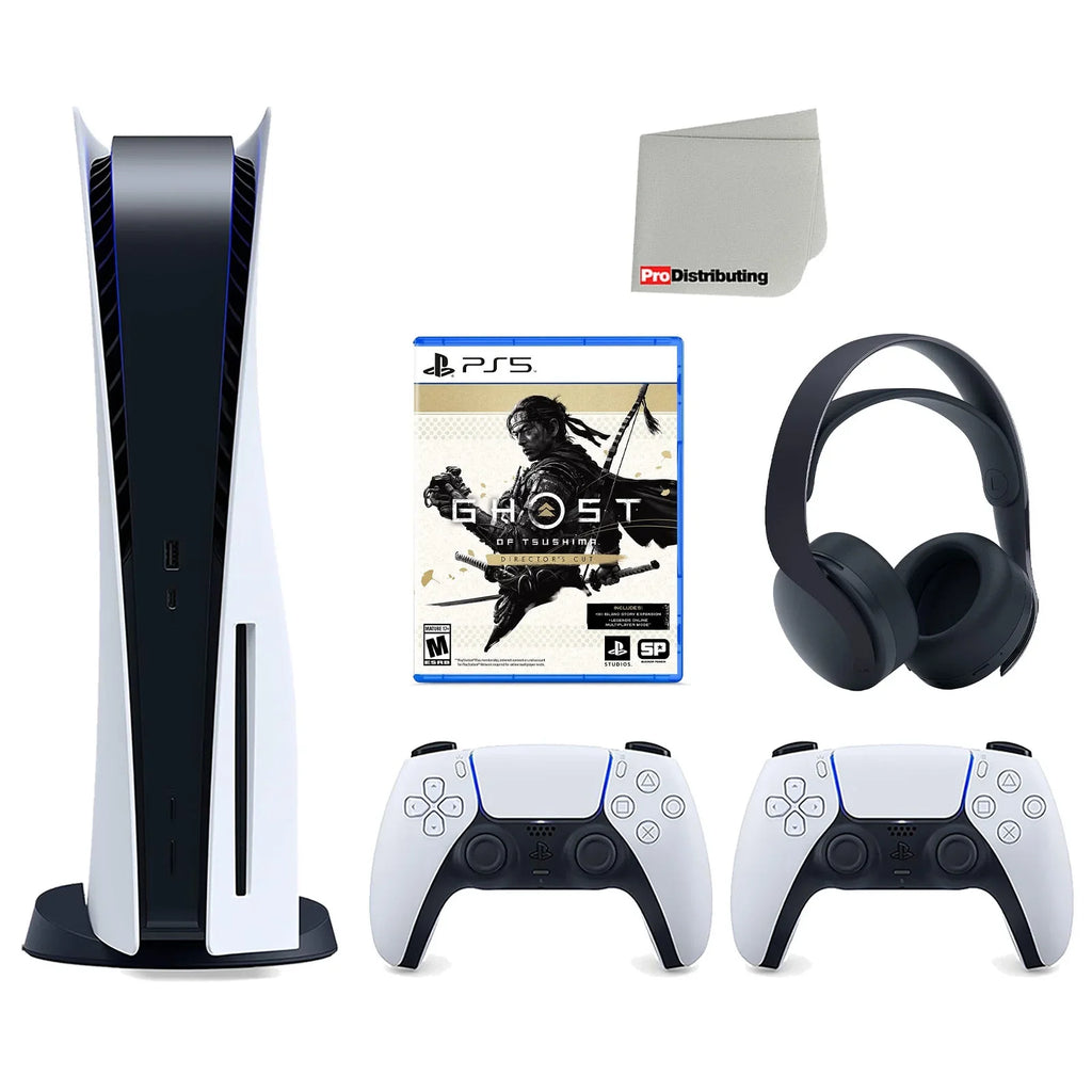 Sony Playstation 5 Disc Version Console with Extra White Controller, Black  3D Headset and Ghost of Tsushima Director's Cut Bundle with Cleaning Cloth