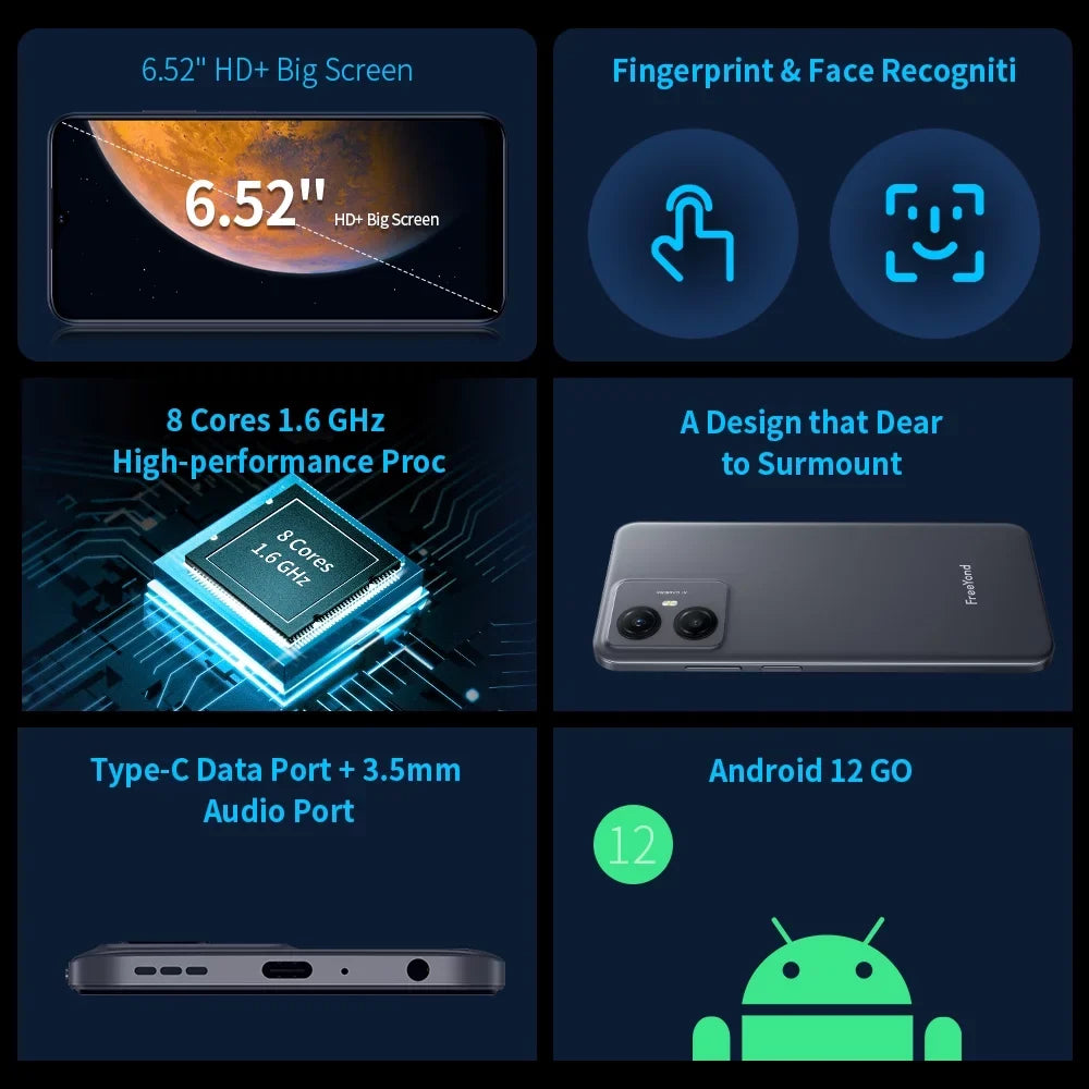 FreeYond  Smartphone, +6.52" Display Dual Sim, Battery 5000 MAh, 64GB/128GB Rom, Real Dual Camera 13+8MP With 2MP Macro