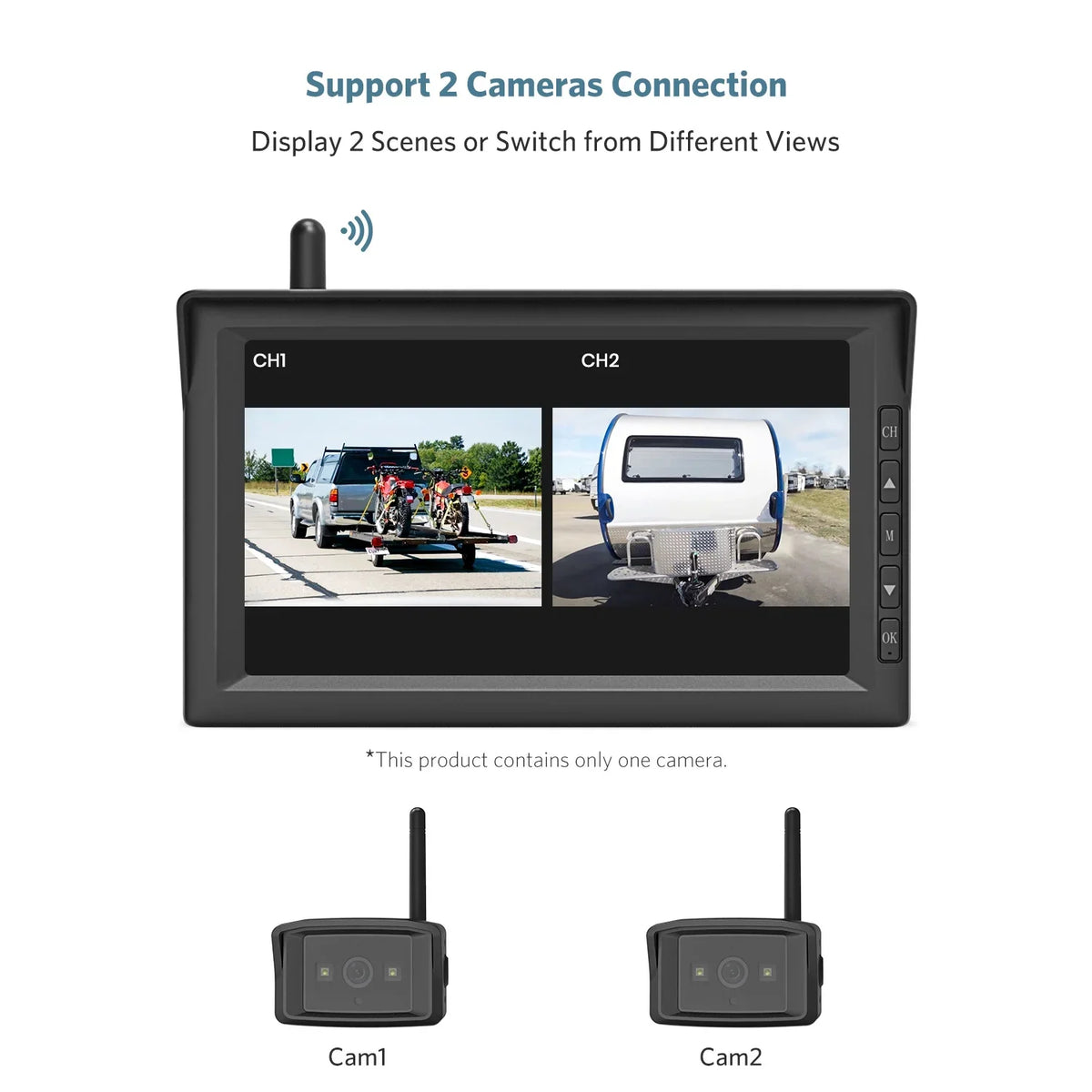 Wireless  Backup Cameras Waterproof Rear View Camera with 7" Monitor Kit,  Night Vision High-Speed Observation with Parking Lines Reversing for / Trailers/ Camper/Semi-Trailer/Tractor