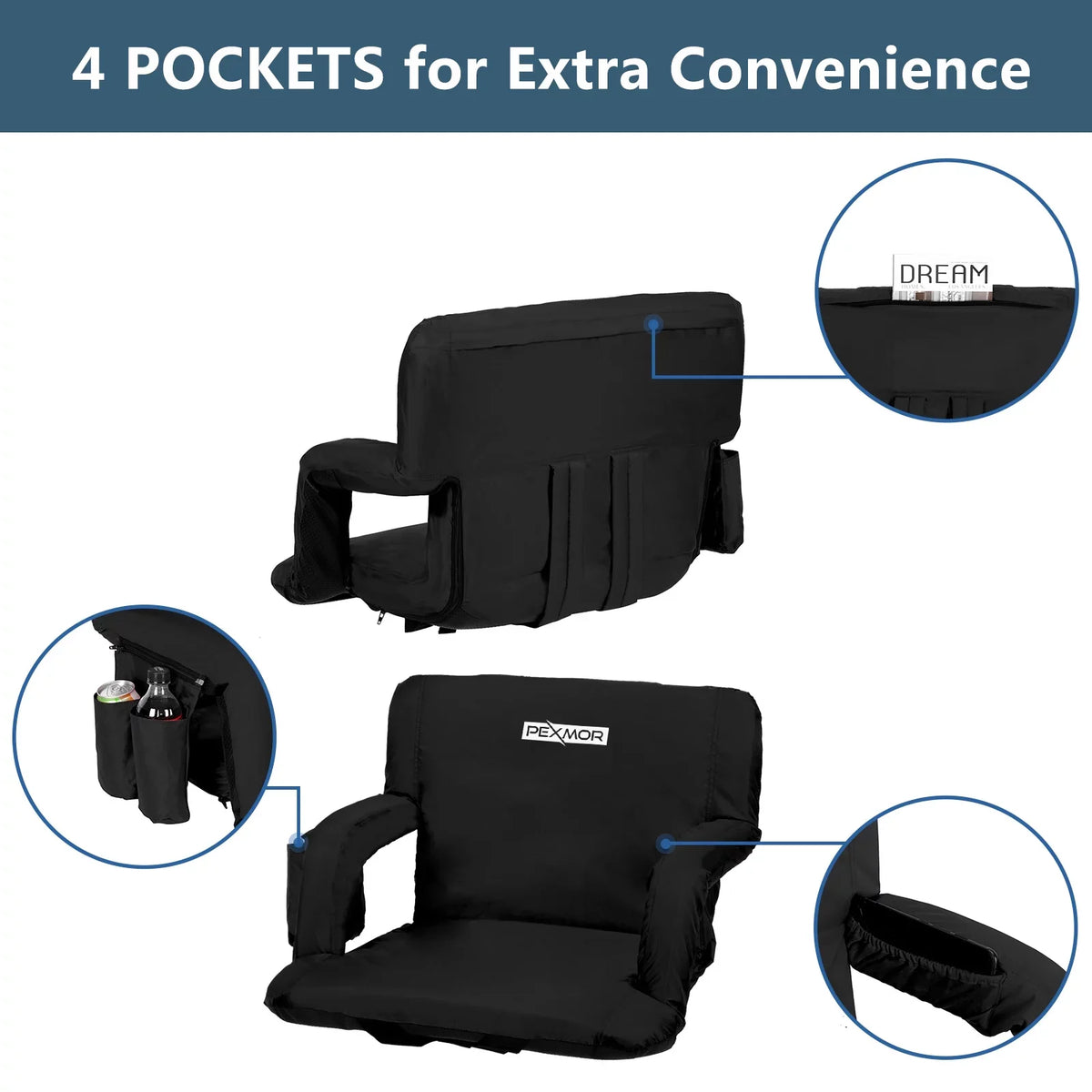 2-Pack Stadium Seat for Bleachers with Back Support & Carrying Bag, Portable Reclining Cushion, Standard 21'' Width