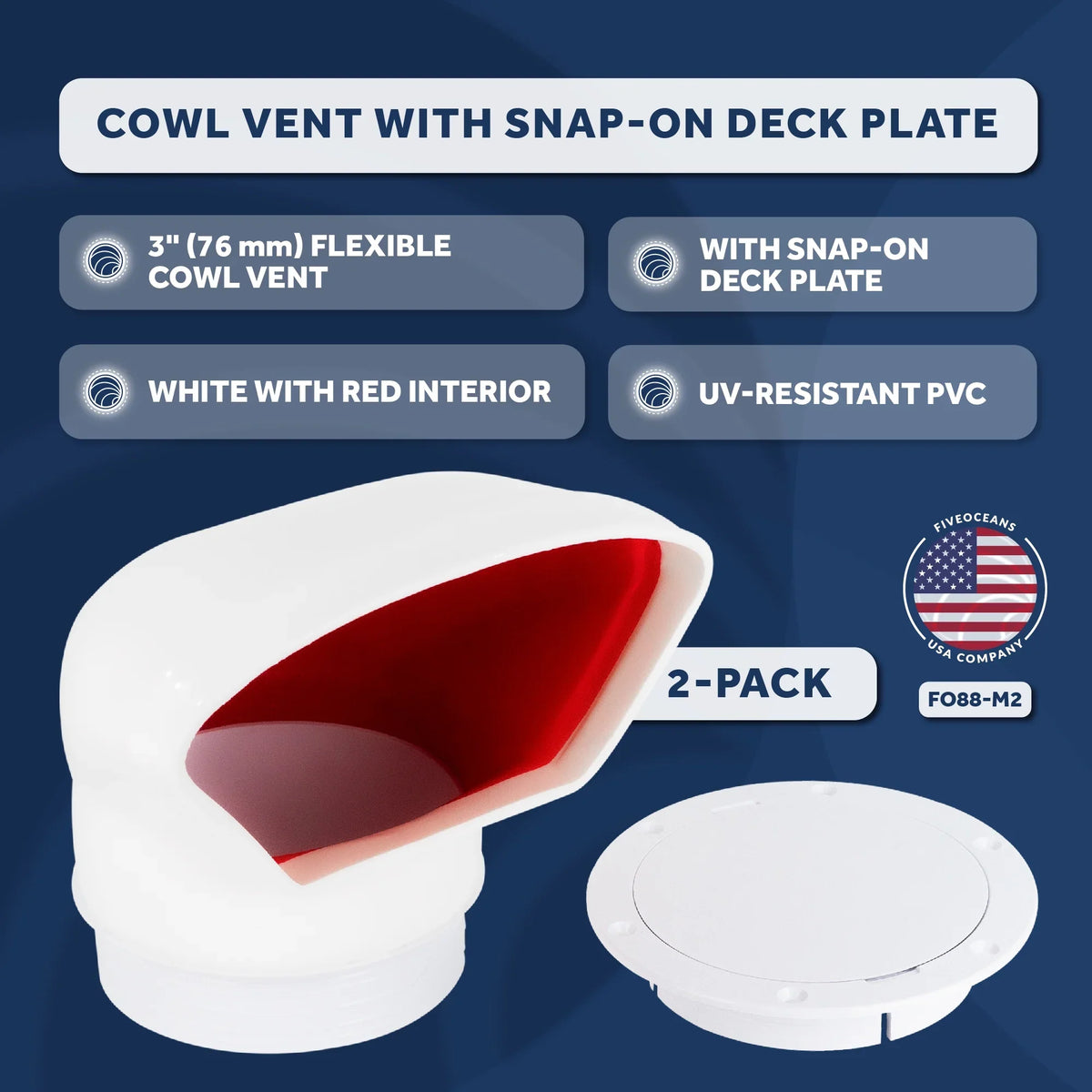 Five Oceans  3-Inch Cowl Vent with Snap-On Deck Plate and Cover, 2 Pack Low Profile -Resistant and Flexible , Red Interior, for Air Intake or Cabin Ventilation - -