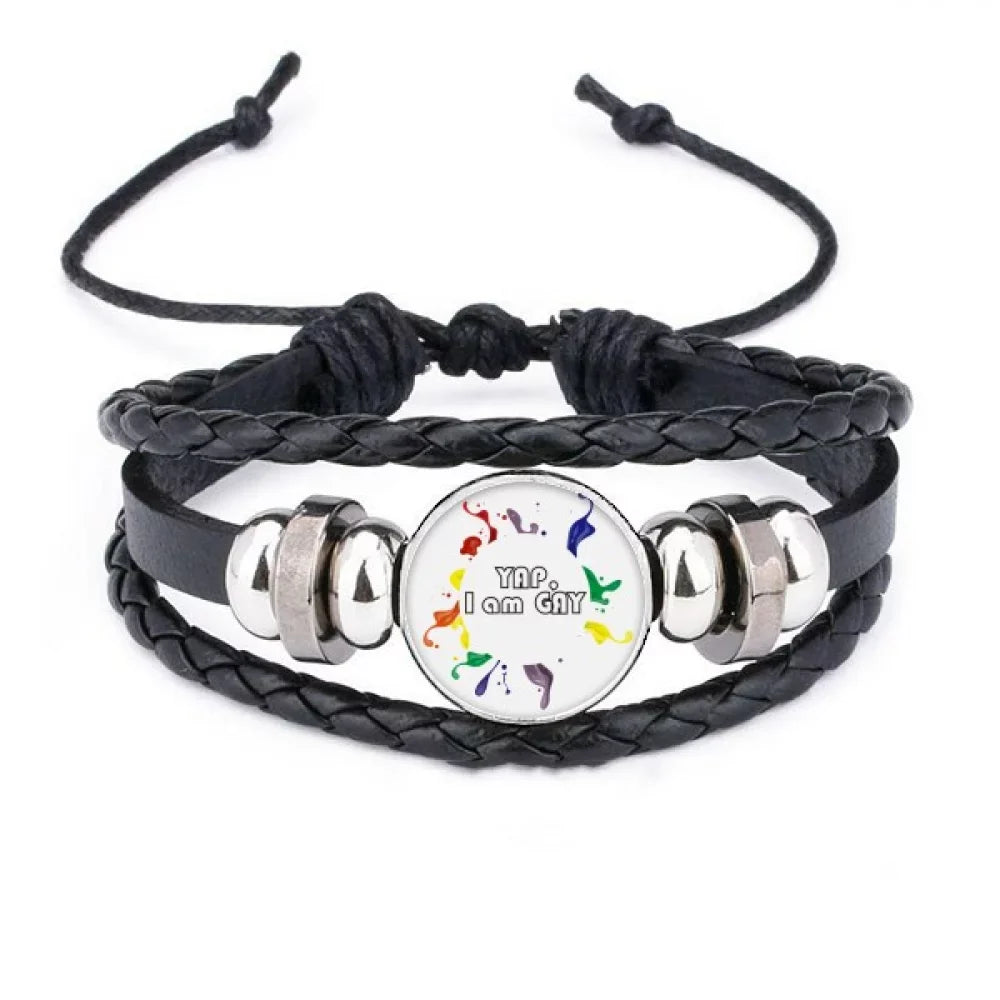 Rainbow Flag Yap  Am Men Bracelet Braided Leather Woven Rope Wristband
