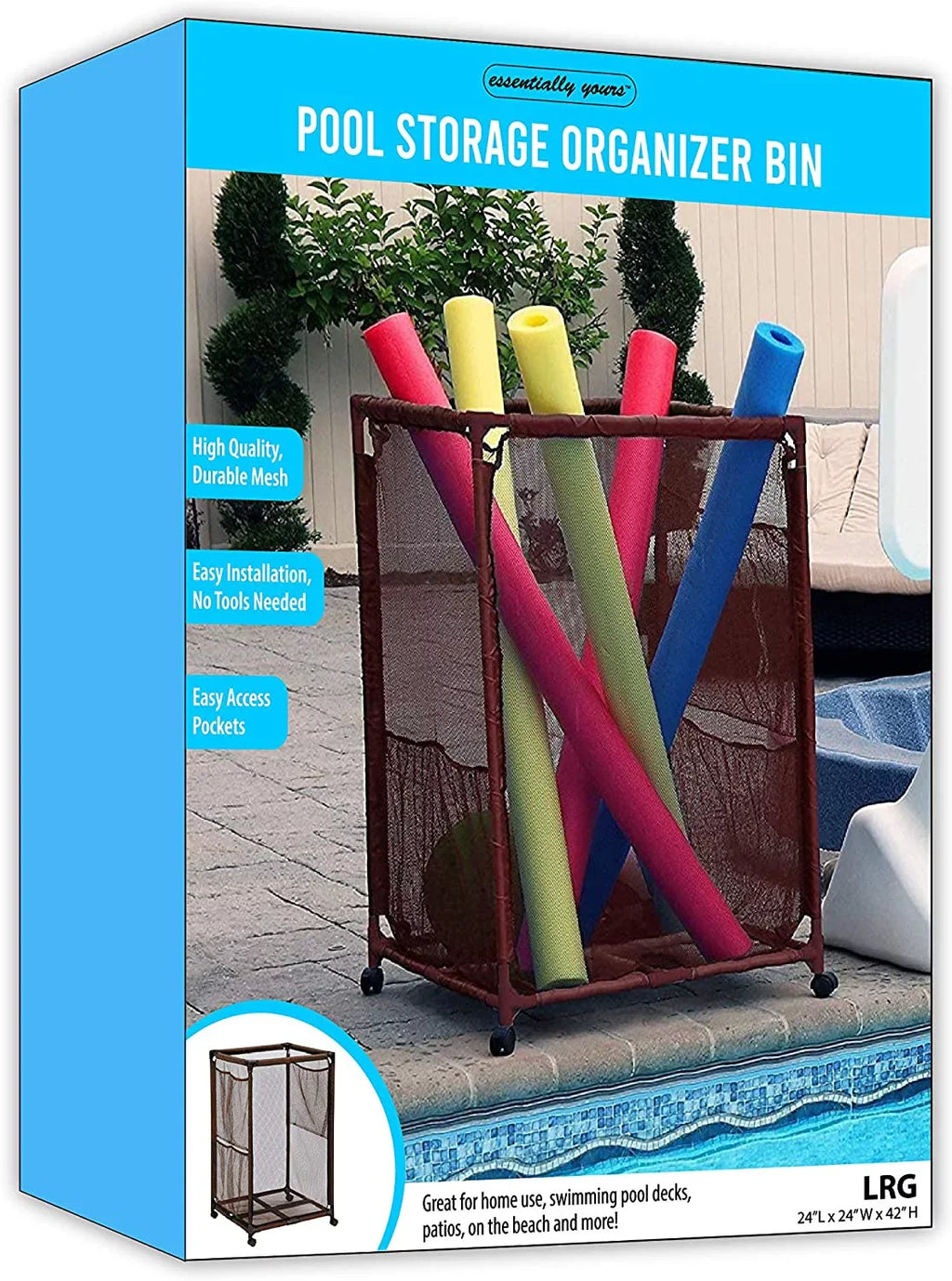 Essentially Yours Pool Noodles Holder, Toys, Balls, Floats and Equipment Mesh Rolling Storage Organizer Bin, Kids Height, Large, (43"  x 25"  x 28" ), Brown Style 563009
