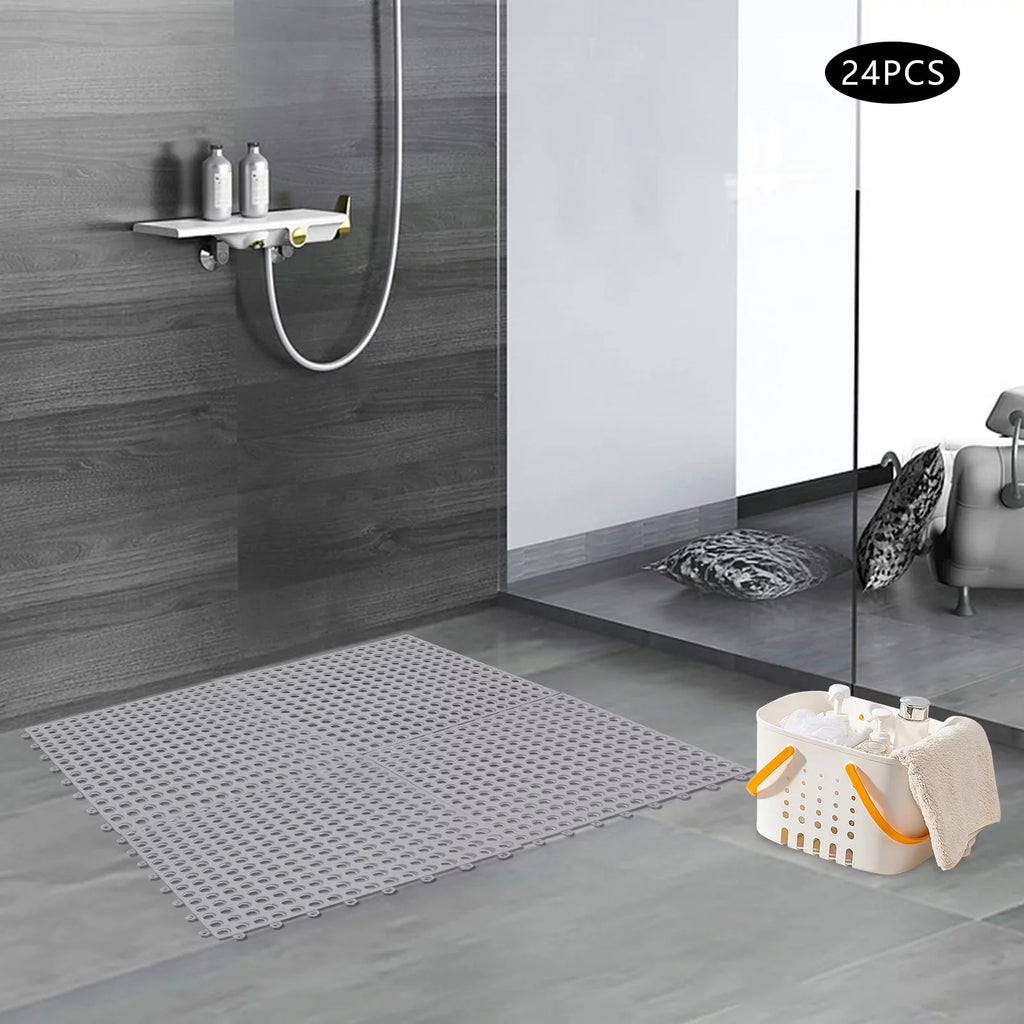 24PCs 11.8*11.8" Interlocking Nonslip Bath Mat,Soft Gray  Shower Floor Mat with Drainage Holes for Bathroom, Kitchen, Pool
