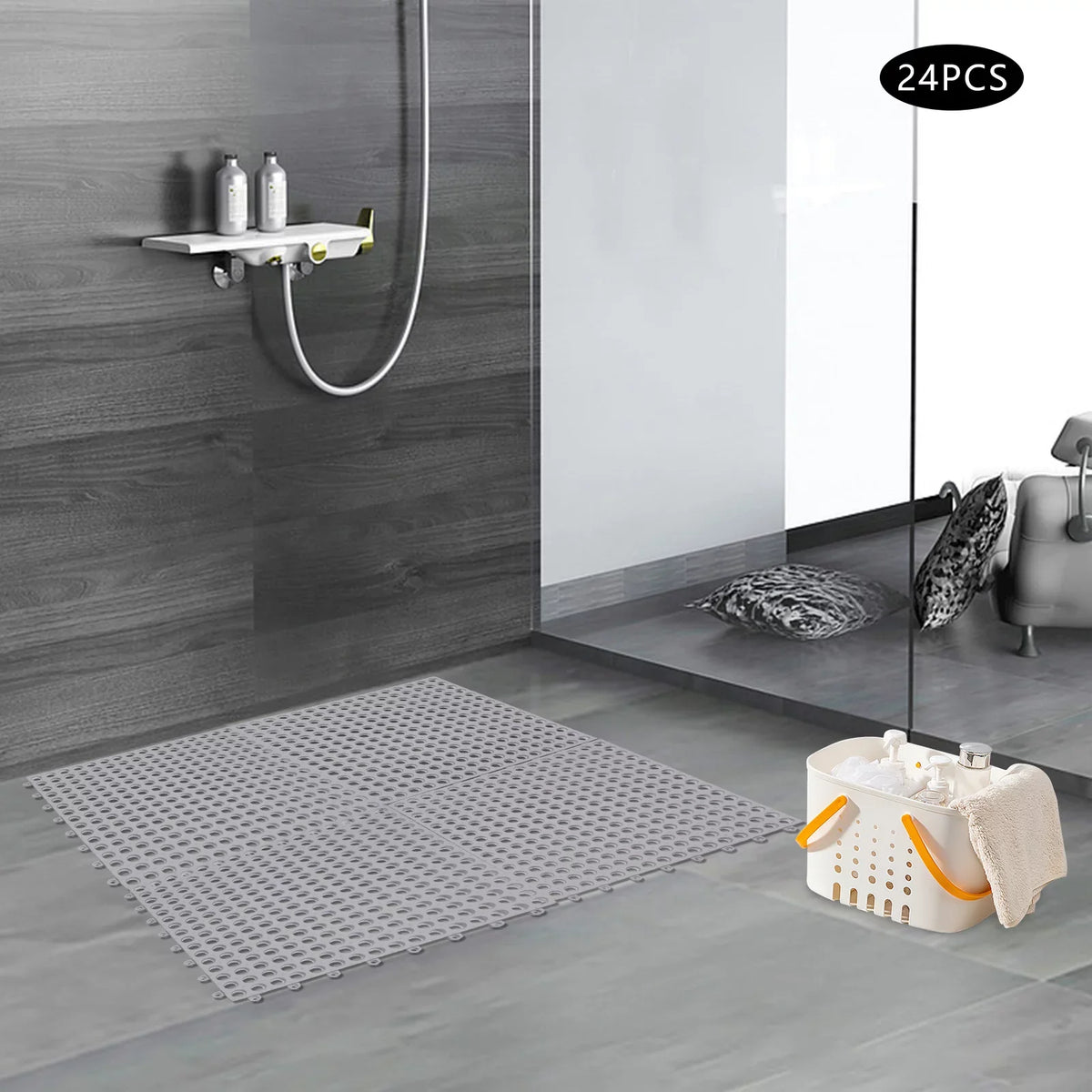 24PCs 11.8*11.8" Interlocking Nonslip Bath Mat,Soft Gray  Shower Floor Mat with Drainage Holes for Bathroom, Kitchen, Pool