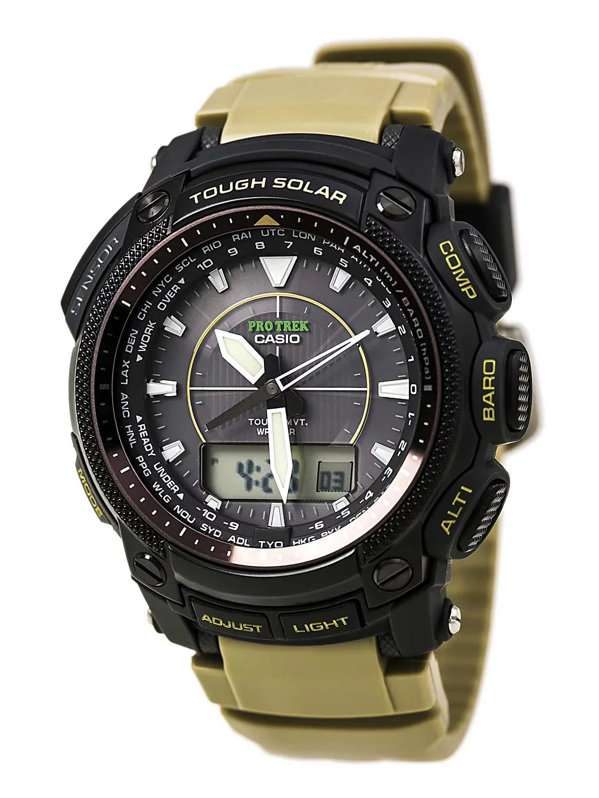 '-5 Men's ProTrek Tough Solar Ana-Digi Black Dial Beige Resin Strap Watch