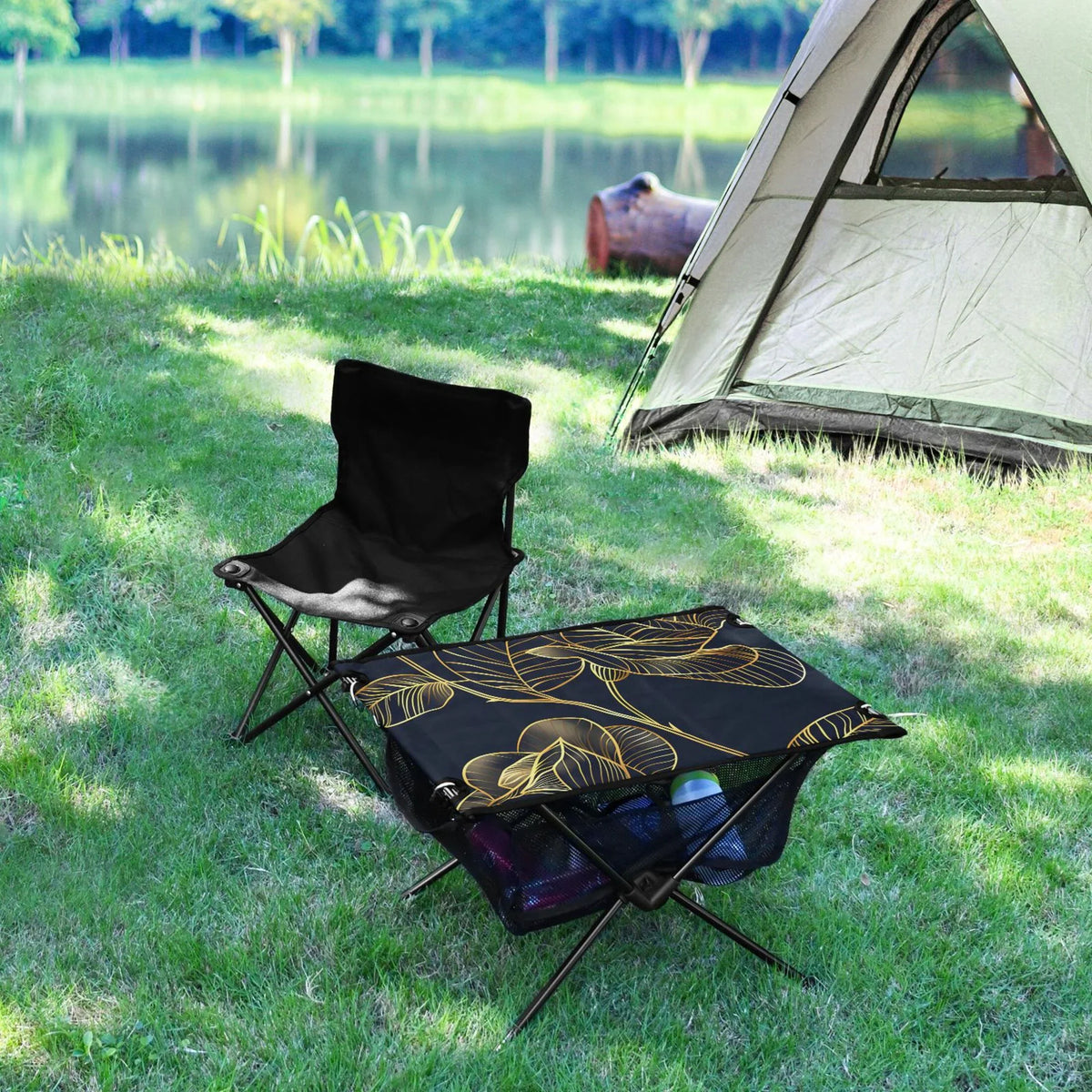 Luxury Golden Rose Flower Camping Folding Table Portable Beach Table with Storage Bag Compact Picnic Table for Outdoor Travel Fishing