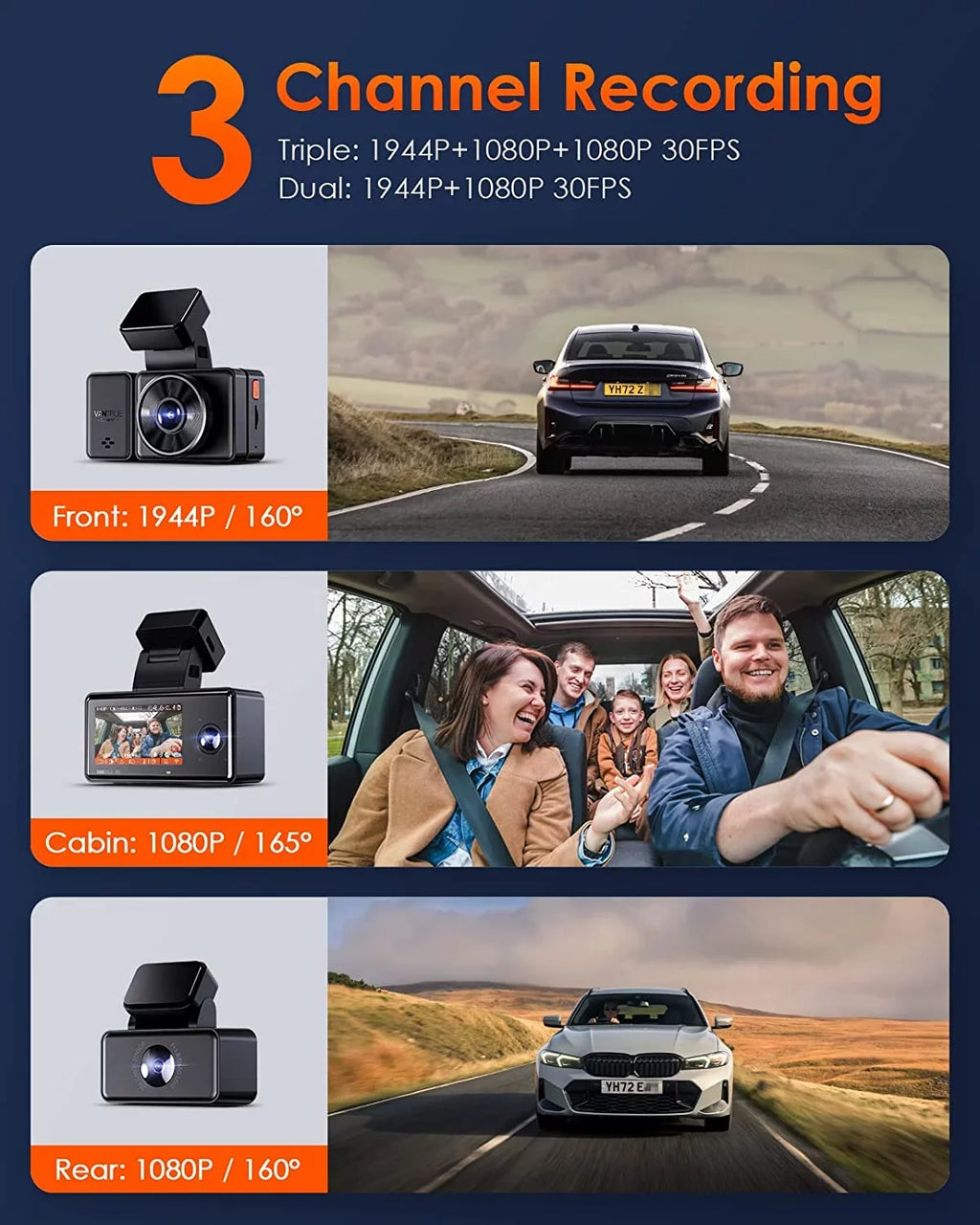 Vantrue  3 Channel 2.5K WiFi Dash Cam Front and Rear Inside, 3 Way Triple  Dash Camera 1944P+1080P+1080P with   Night Vision, Voice Control, 24 Hours Parking Mode, Support 512GB Max