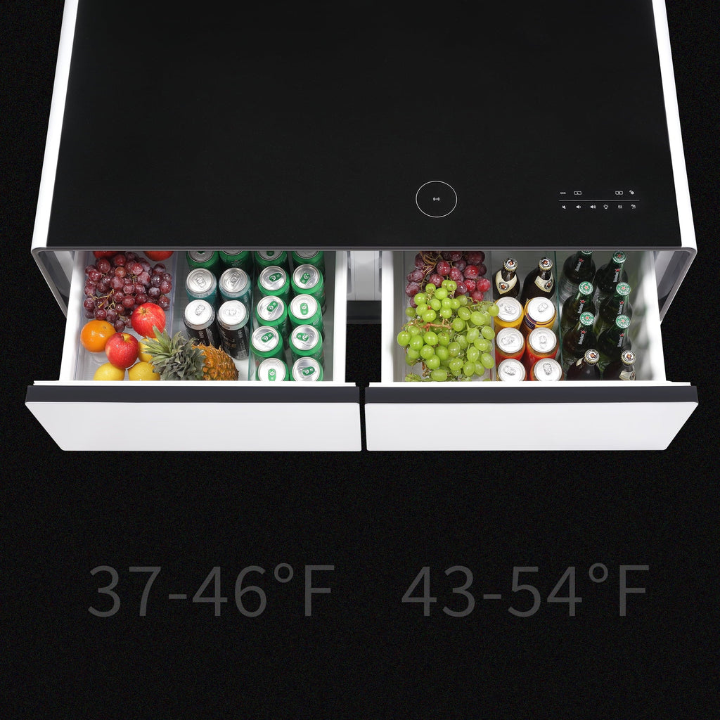 Modern Smart Coffee Table with Built-in Fridge, Bluetooth Speaker, Wireless Charging Module, Touch Control Panel, Power Socket,  Interface, Outlet Protection, Atmosphere light, White