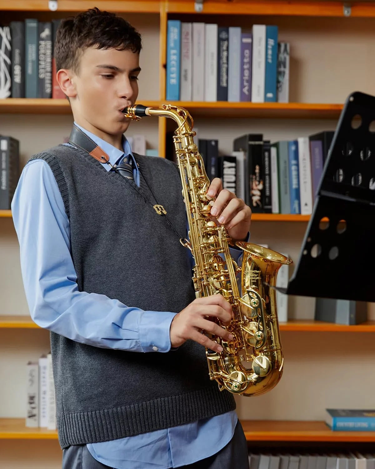 Eastar Alto Saxophone with Stand  Flat Gold Lacquer Student Beginner Sax Full Kit School Band Orchestra Instruments -