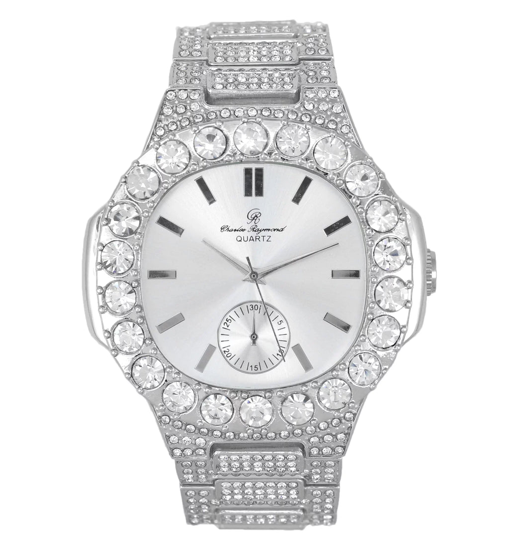 Bigger is Better Oversized Diamonds or Baguette Diamonds for The Luxurious King. Your Style!! Your Choice!! - Bling-ed Out Oblong Metal Mens Watch -  (Silver Silver)
