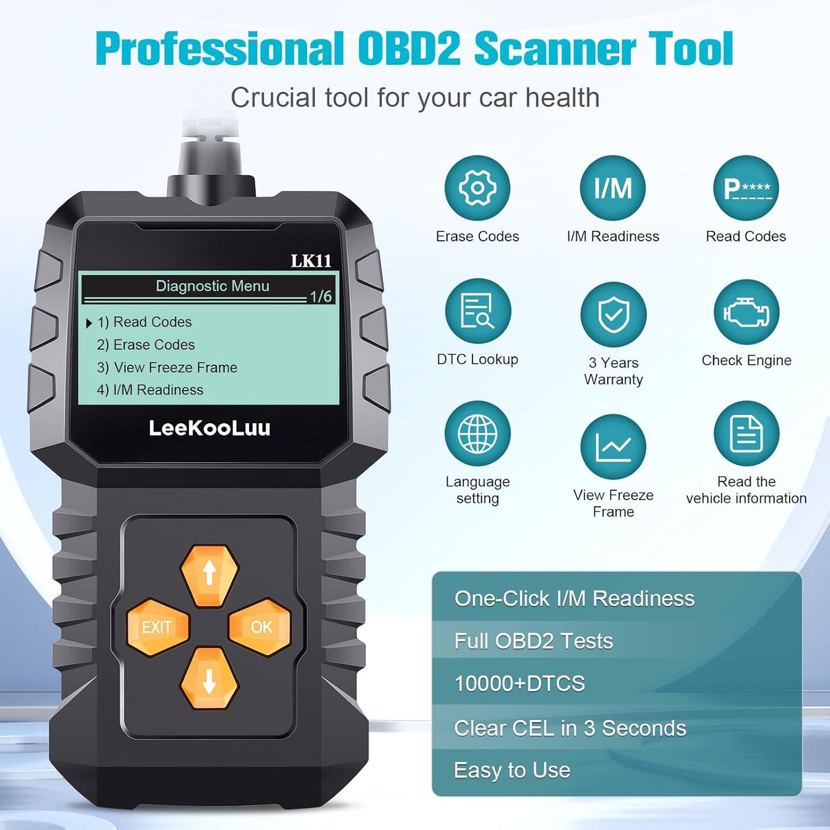 Scanner Clear Reset Engine Alert Code - Plug and Play Easy to Setup Use Professional Code Reader Scan Diagnostic for Cars Since 1996 with Freeze Frame// Readiness - LeeKooLuu