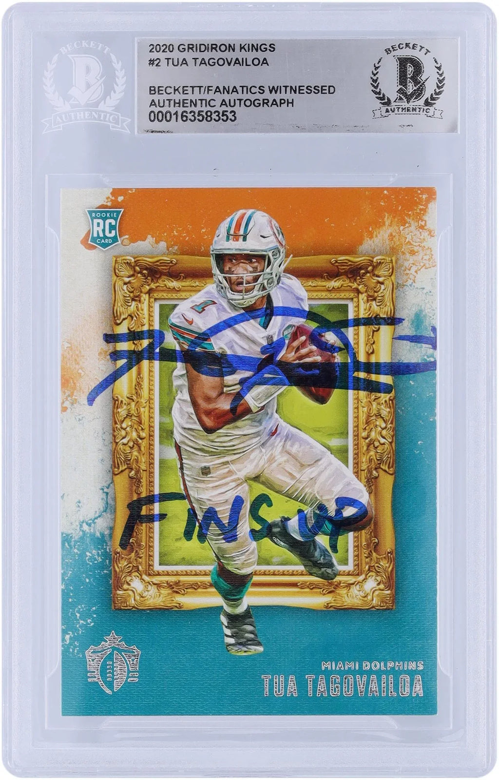 Tua Tagovailoa Miami Dolphins Autographed 2020 Panini Chronicles Gridiron Kings #-2 Beckett Fanatics Witnessed Authenticated Rookie Card with "Fins Up" Inscription - Fanatics Authentic Certified