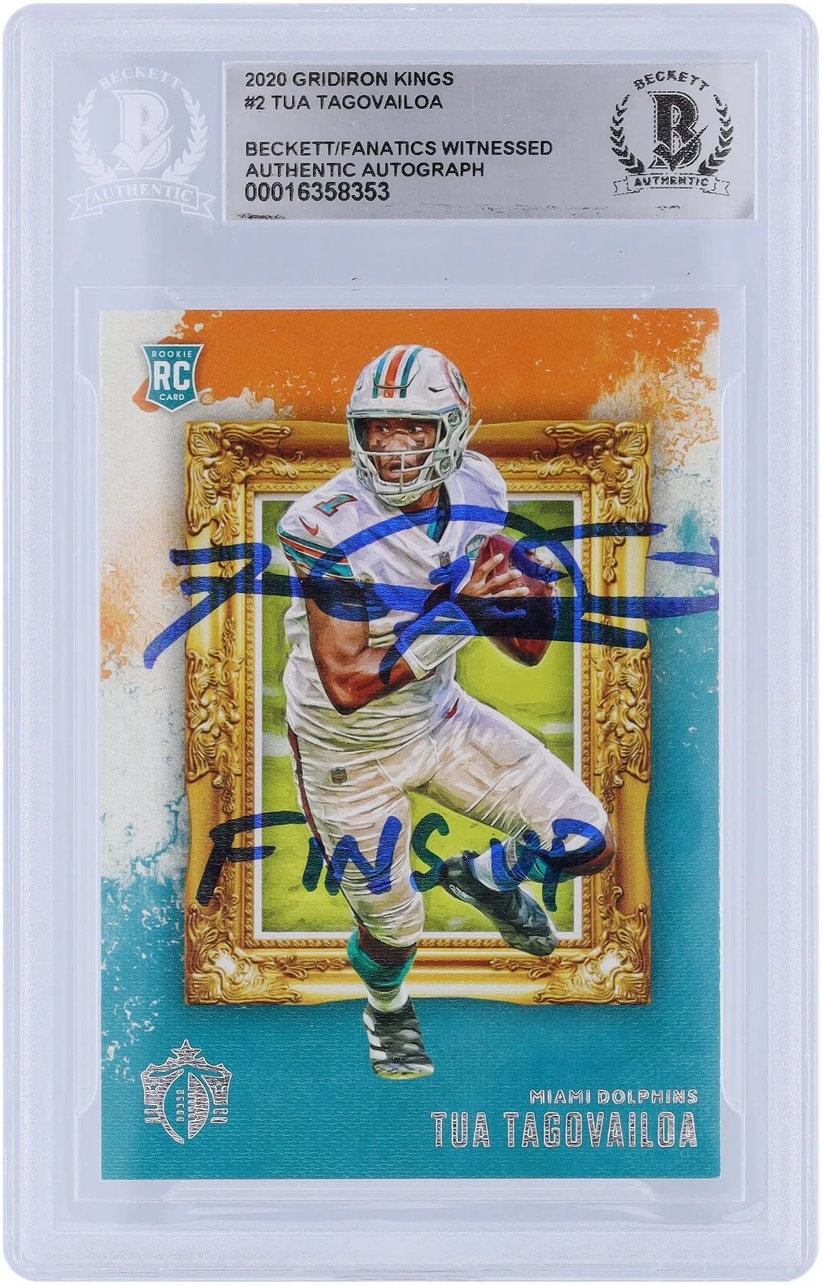 Tua Tagovailoa Miami Dolphins Autographed 2020 Panini Chronicles Gridiron Kings #-2 Beckett Fanatics Witnessed Authenticated Rookie Card with "Fins Up" Inscription - Fanatics Authentic Certified