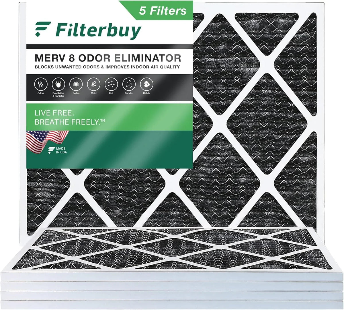 Filterbuy 14x20x1  8 Odor Eliminator Pleated   Furnace Air Filters with Activated Carbon (5-Pack)