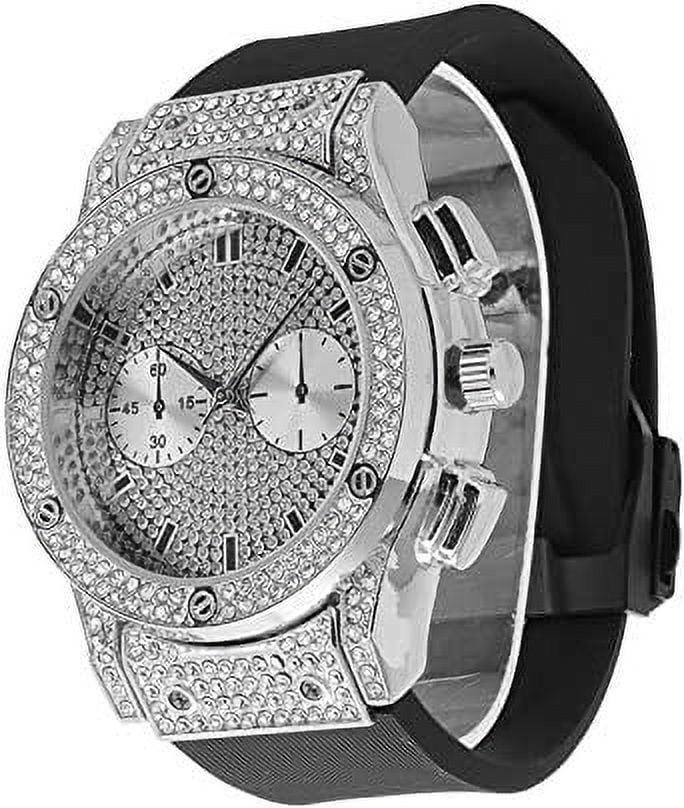 Charles Raymond Big Bling Watch Inspired by Hip Hop - Mens Iced Out Timepiece - Faux Chrono Eyes - Diamond Rhinestones on Blast -  (Silver Rubber Cuban)