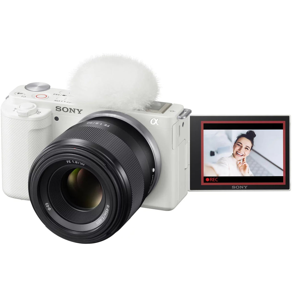 Sony - Mirrorless Alpha - Vlog Camera Body and 50mm .8 Large Aperture  Lens  -/ White Bundle with Deco Gear Case + Extra Battery + Photo Video Accessories Kit