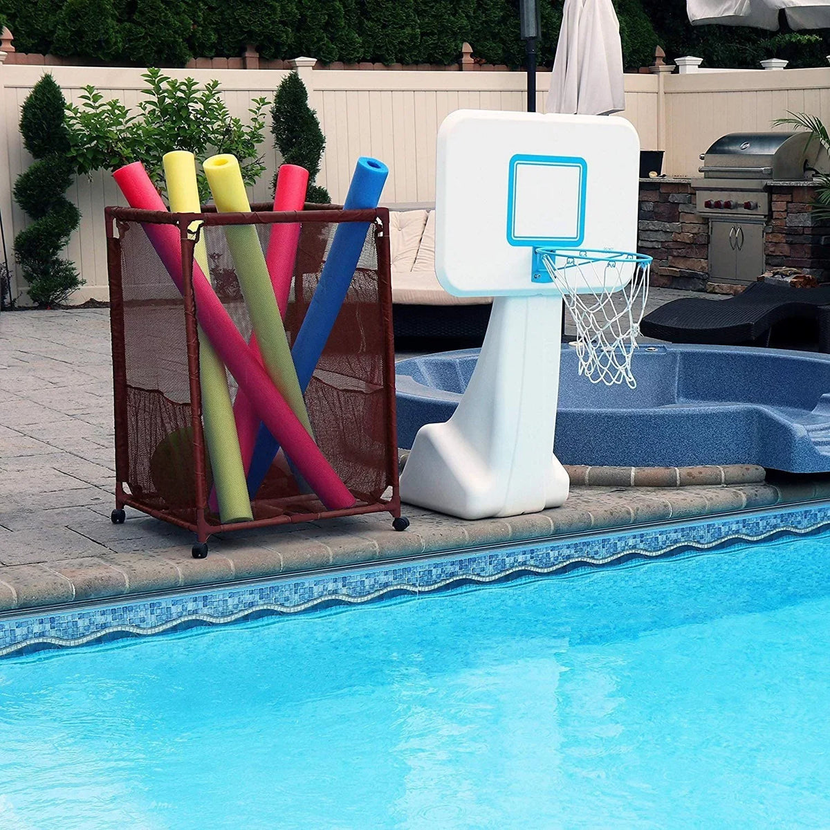 Essentially Yours Pool Noodles Holder, Toys, Balls, Floats and Equipment Mesh Rolling Storage Organizer Bin, Kids Height, Large, (43"  x 25"  x 28" ), Brown Style 563009
