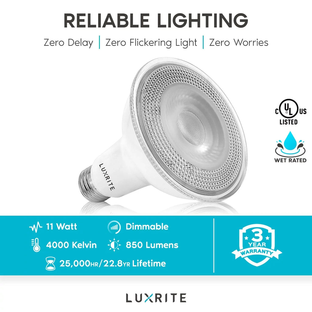 Luxrite 6-Pack   Flood Light Bulb 4000K Cool White 850 Lumens 11W Dimmable Wet Rated  Base  Listed