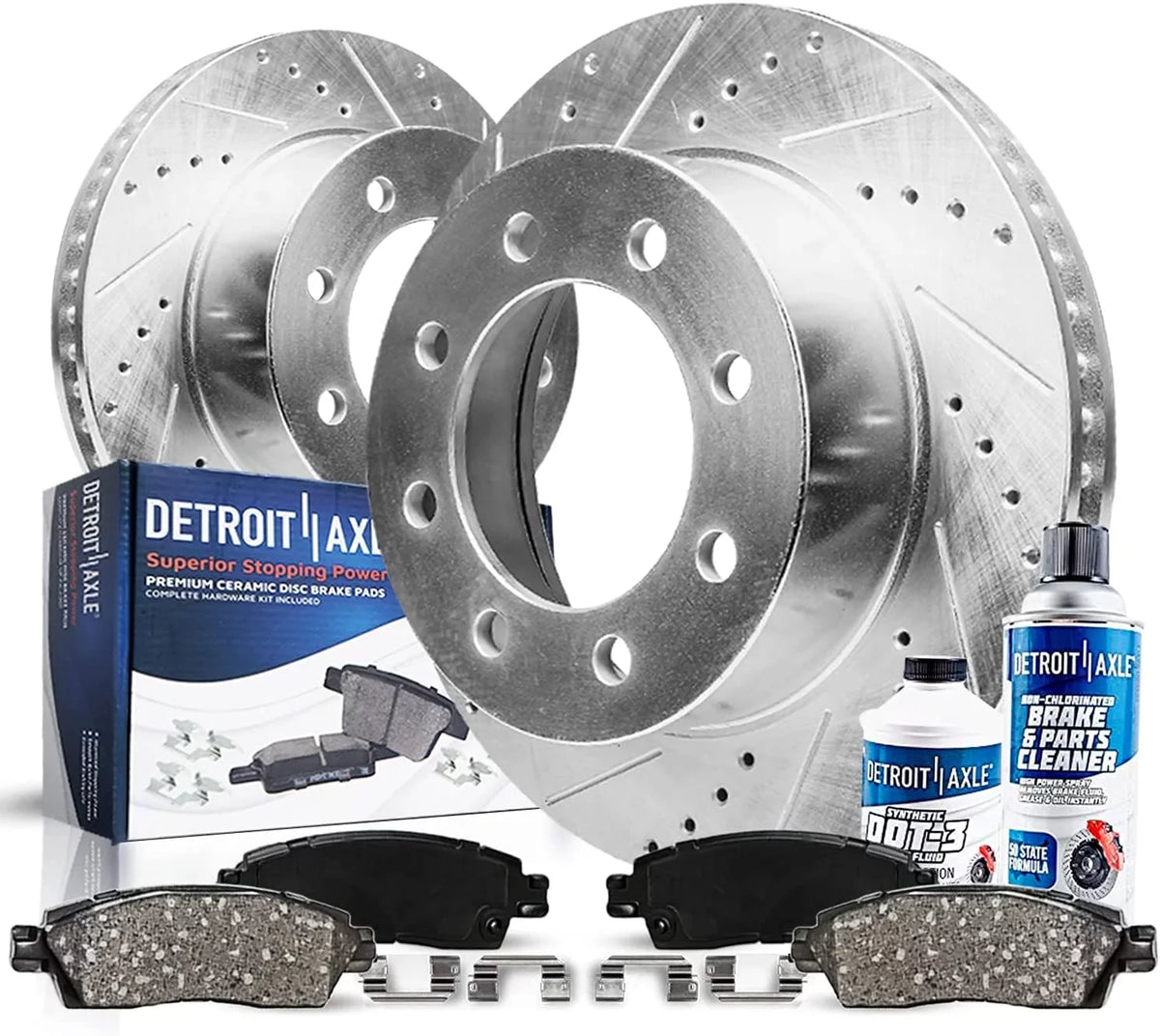 Detroit Axle - Front Brake Kit for 11-19 Chevy  Silverado Sierra 2500 3500  Drilled & Slotted Brakes Rotors Ceramic Brake Pads 2011 2012 2013 2014 2015 2016 2017 2018 2019 Replacement