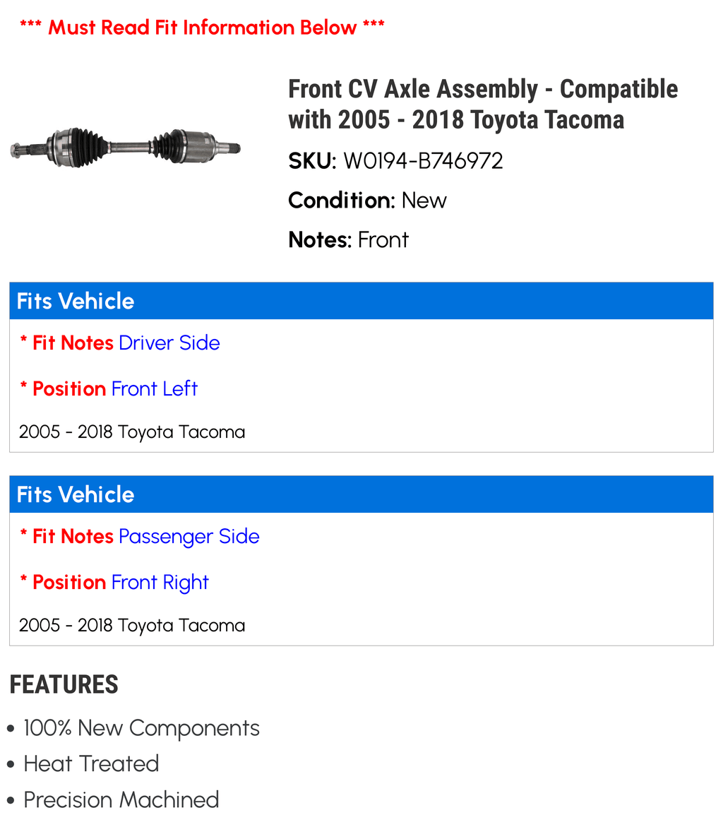 Front  Axle Assembly - Compatible with 2005 - 2018 Toyota Tacoma 2006 2007 2008 2009 2010 2011 2012 2013 2014 2015 2016 2017